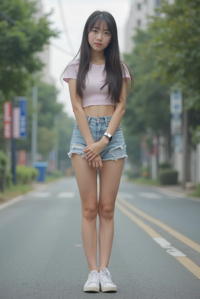 Skinny Korean girl, 20 years old, sitting on a sidewalk with her legs spread, Miniskirt, showing her panties