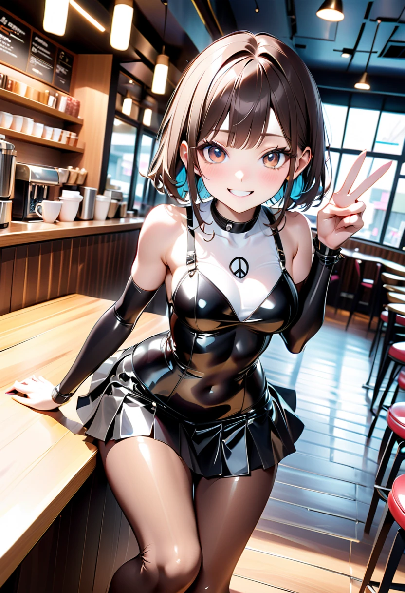 ((highest quality)), (masterpiece)), (detailed: 1.4), Unorganized resolution、High resolution、(masterpiece:1.4)、Super detailed、one beautiful girl、highest quality、master piece、Very detailed、(1 girl):1.4、(black latex swimsuit)、(Golden hair):1.3、twin tails、Short twin tails、choker、(dark blue eyes):1.1,(shiny latex)、indoor pool background