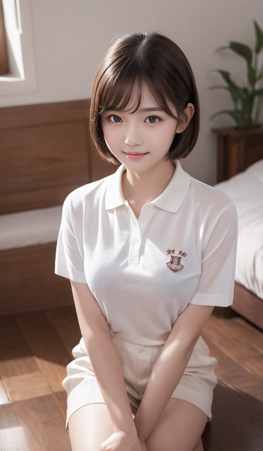 (Cute Japanese Girls), Sexy 18 year old girl, (The cutest faces), Thin chest, Thin thighs, short hair, On the bed, (((school uniform))), ((sexy pose)), (((expression in orgasm))),