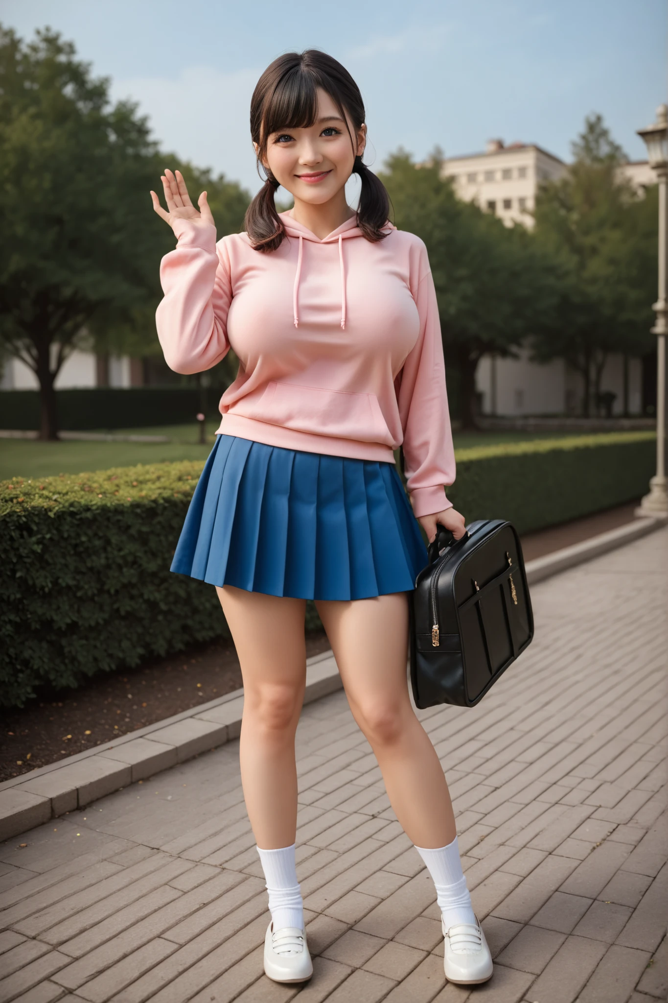 (score_9, score_8_up, score_7_up, source_real, high quality, best quality, masterpiece:1.3), (high quality, photo, photorealism:1.2), detailed face, detailed skin, detailed eyes, hyper-realistic, (anatomy correct: 1.3), absurdress, BREAK, masterpiece, best quality, amazing quality, very aesthetic, high resolution, super detailed, absurd, latest, very detailed, high quality, 1girl, beautiful girl, adult girl, breasts, medium hair, black hair, bangs, double pigtails, low pigtails, ((black eyes: 1.1)), huge breasts, hoodie, pink hoodie, long sleeves, skirt, mini skirt, blue skirt, pleated skirt, thighs, socks, white socks, long socks, shoes, pink shoes, school bag, back bag, standing, on park, greeting pose, clear sky, fountain in the background, big eyes, double eyelid, eyelashes, closed mouth, smile, cute smile, blushes, pink lips, Shizuka Minamoto