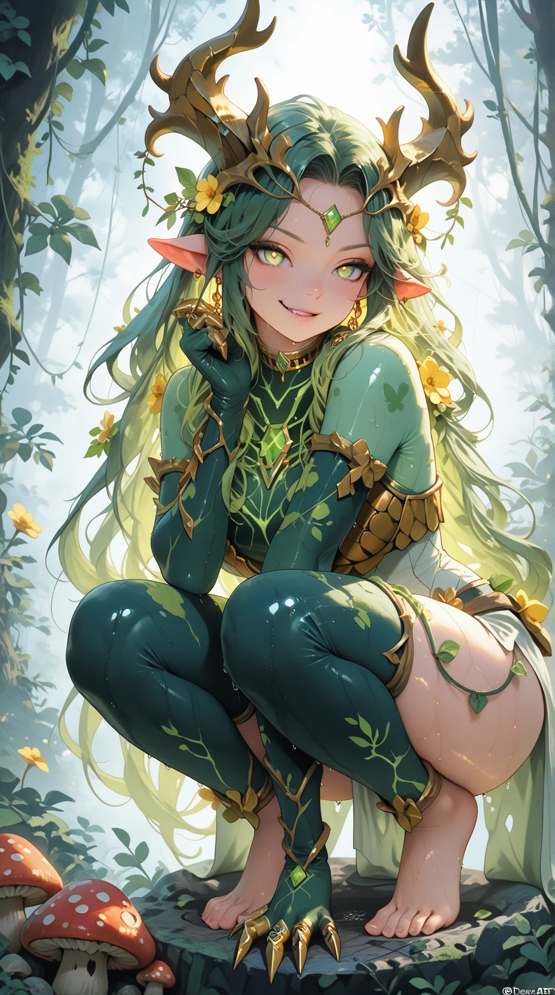 5 year old girl hair stinky green leaves made of leaves wooden gloves wooden boots green skin pink eyes pointed ears two flower buds on her head liana decorations forest background holding a flower