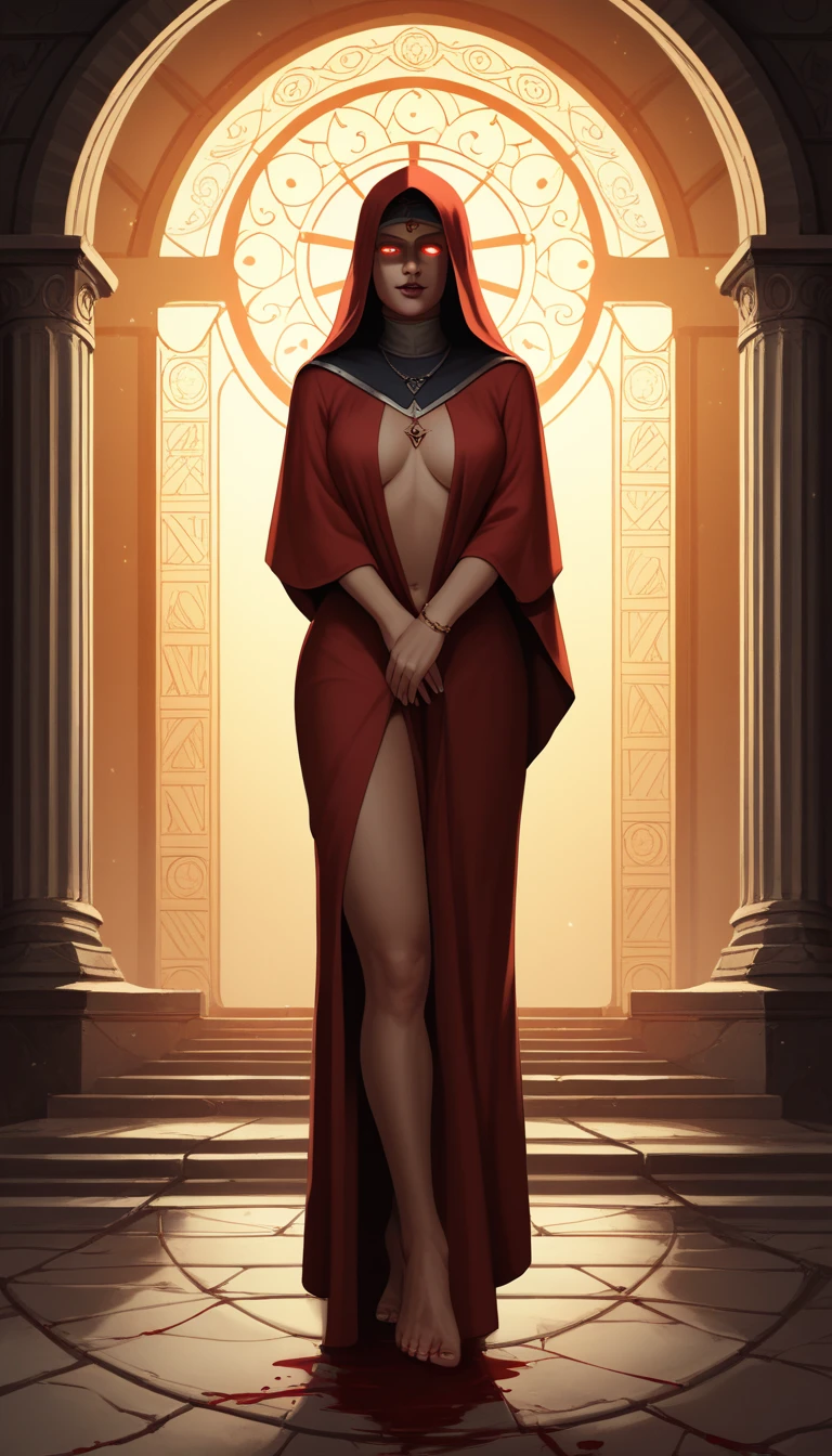 abandoned tample ancient empire priestess , shaved hairy, The breasts are tiny, big dark sticks up, body, face eyes masked hood, The waist is slim, hairlong, Eyes closed, frontal view, breasts RED paint, space jet, fog smoke