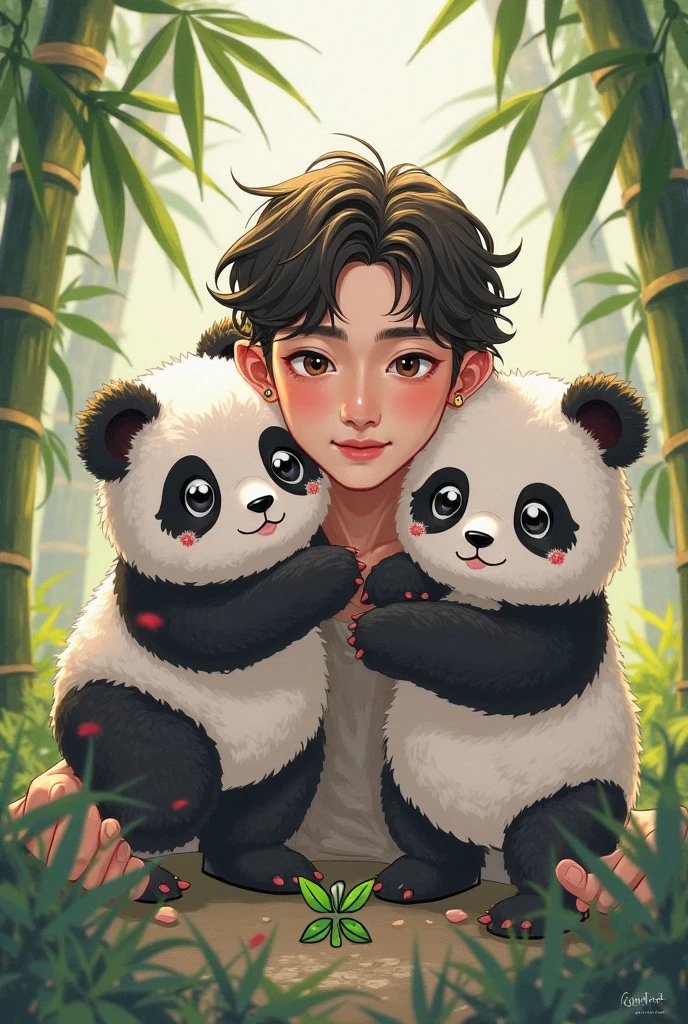 A mini panda lying on his shoulder, Kizi, interaction, the morning sun, Pleasant, tmasterpiece, brown hair, light smile, Surrealism, cinematic lighting, textured skin, anatomically correct, high details