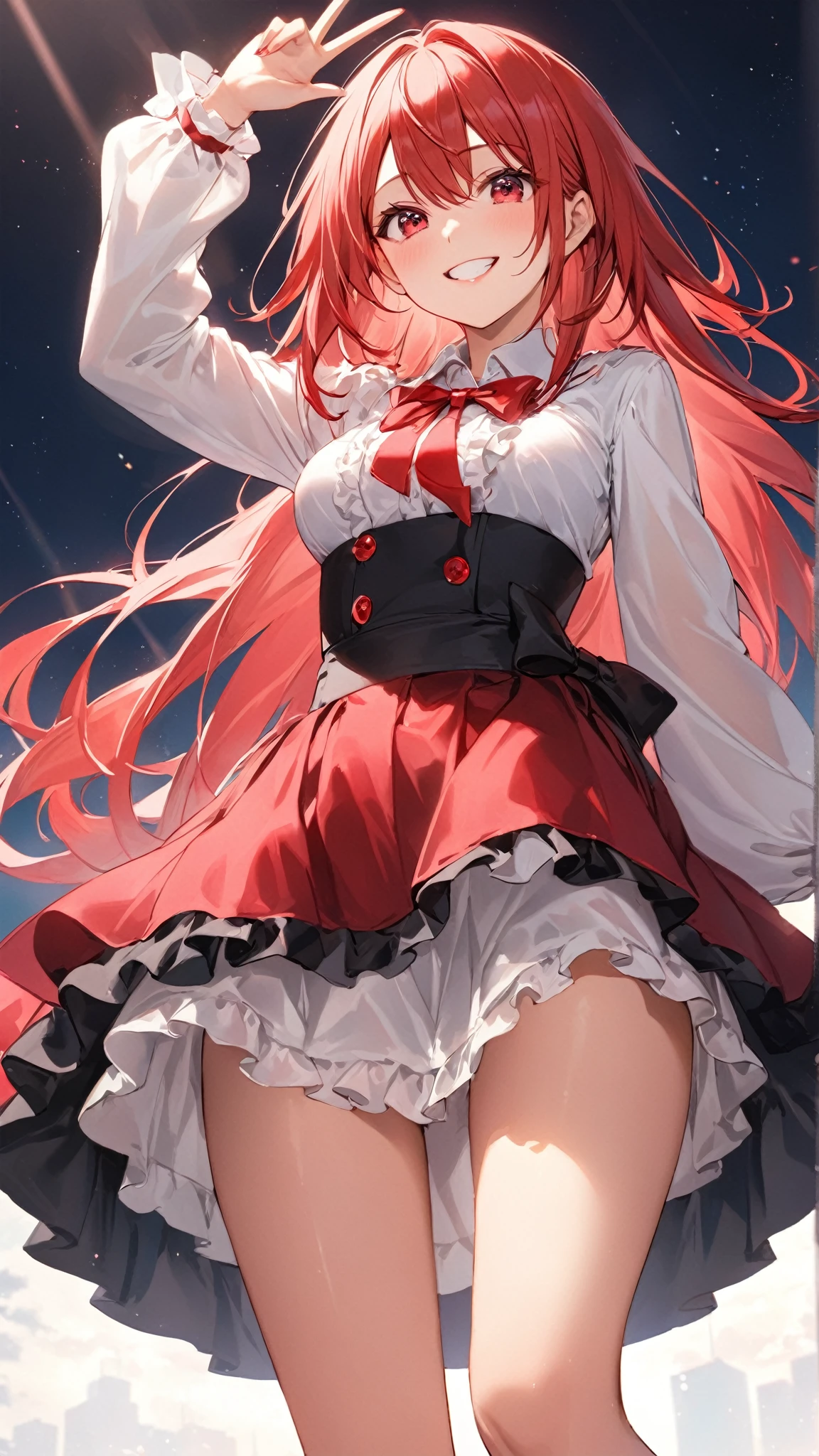 She wears red shoes, a pink scarf, and red earrings. She appears to have yellow hair, two earrings, and three curly hairs on her head. she only has two curly hairs, one earring, and has no yellow hair. SPARKLE; GLITTER