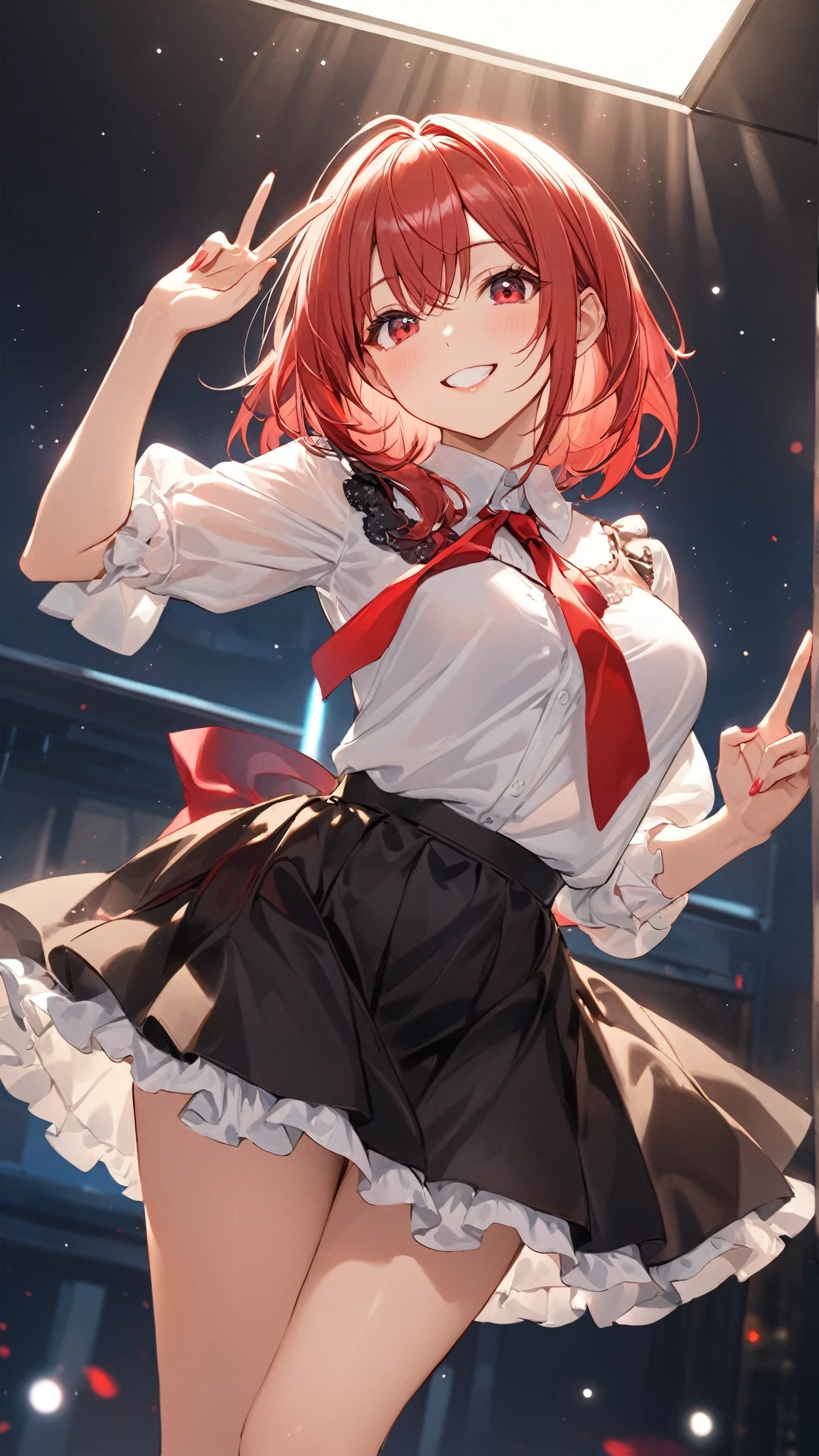 20 years old, with short pink hair just below the shoulders, pale pink eyes, and an expression that is serious yet happy. She dresses in an antique style, wearing a long light brown skirt, a sleeveless white blouse with a vertical red line down the center on the buttons, brown gloves, and high boots with many straps. Her weapons are hundreds of needles connected by thread. 