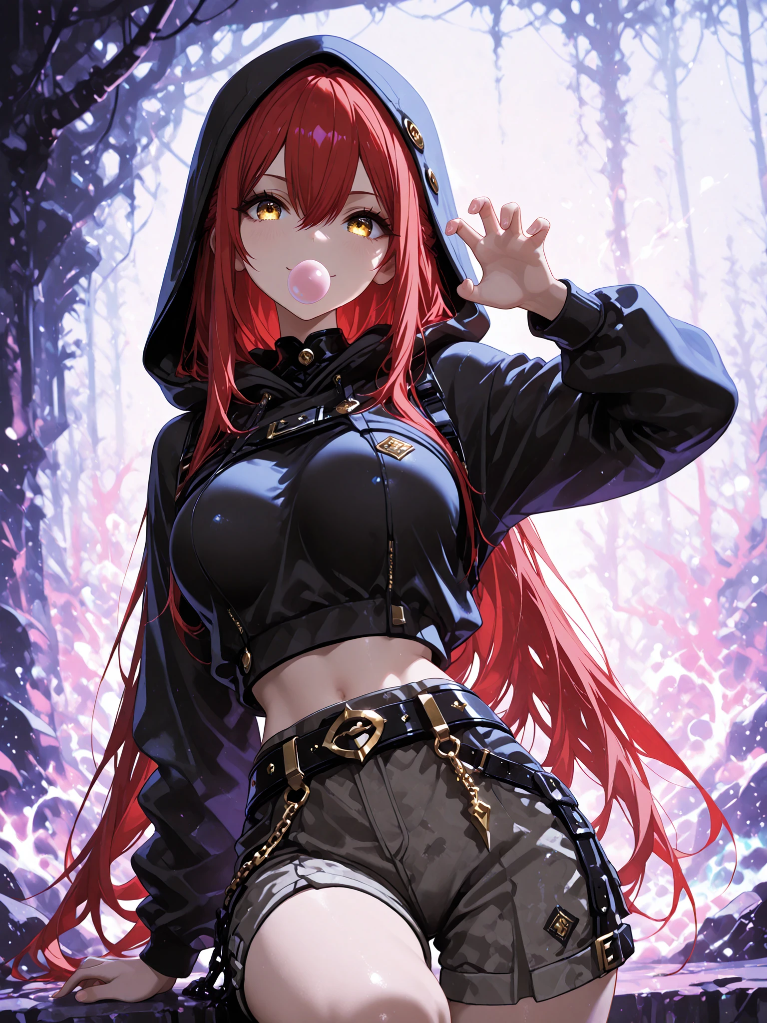 1 girl , golden eyes , very long hair , long sidelocks, red hair ,half updo, petite , very cute , beautiful ,Straight hair, cool, handsome, hair between eyes, sexy, mediumlarge breasts, hoodie with hood, crop hoodie, hood up, cargo shorts, rivet belt, slanted rivet belt, chains on the belt, cool and rocky, chewing gum, chewing gum bubble, claw pose, one leg bent, cool pose, dynamic pose, pastel splash in background, smile, colesd eyes