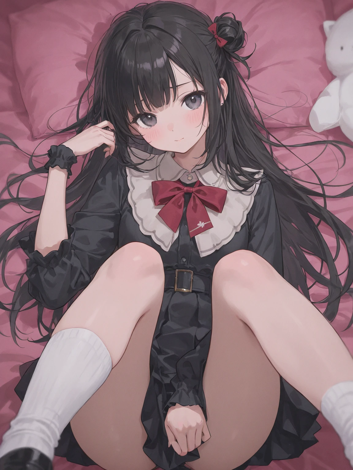 (best quality,high resolution,Beautiful detailed eyes,White lighting:1.2),red eyes, looking at viewer, long hair, black hair, long boots, black footwear, blush, sitting, long sleeves, bangs, parted lips, black hair, dress, knees up, brown hair, white skirt, frills, skirt,thighs, sidelocks,