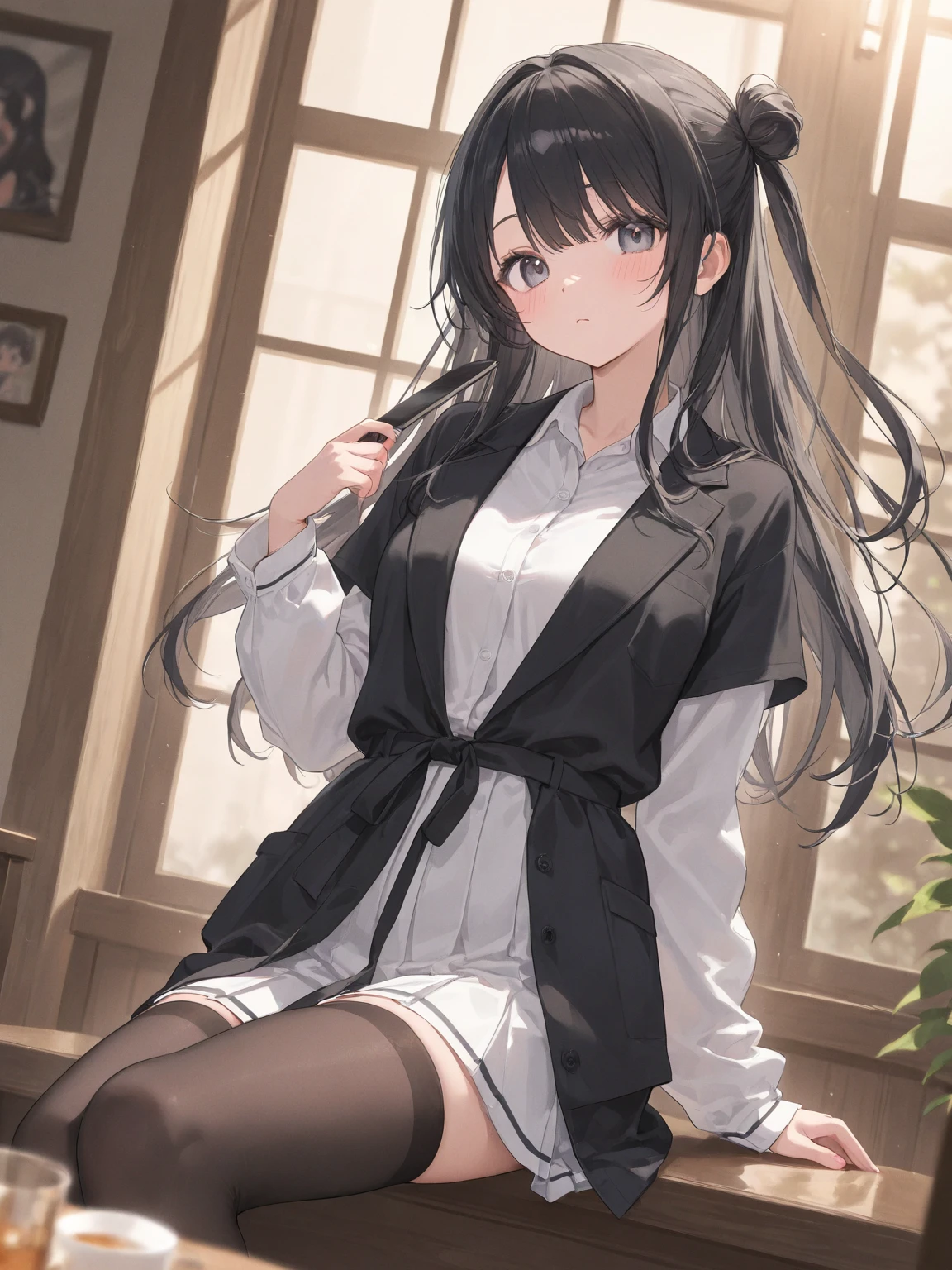 1 sitting woman,one's home, housewife , 30 years old,Mature Woman, /(Black Hair/) Swept-apart bangs, A kind smile, (Masterpiece Top quality:1.2) Delicate illustrations,long hair、Small breasts、Small breasts,Long skirt