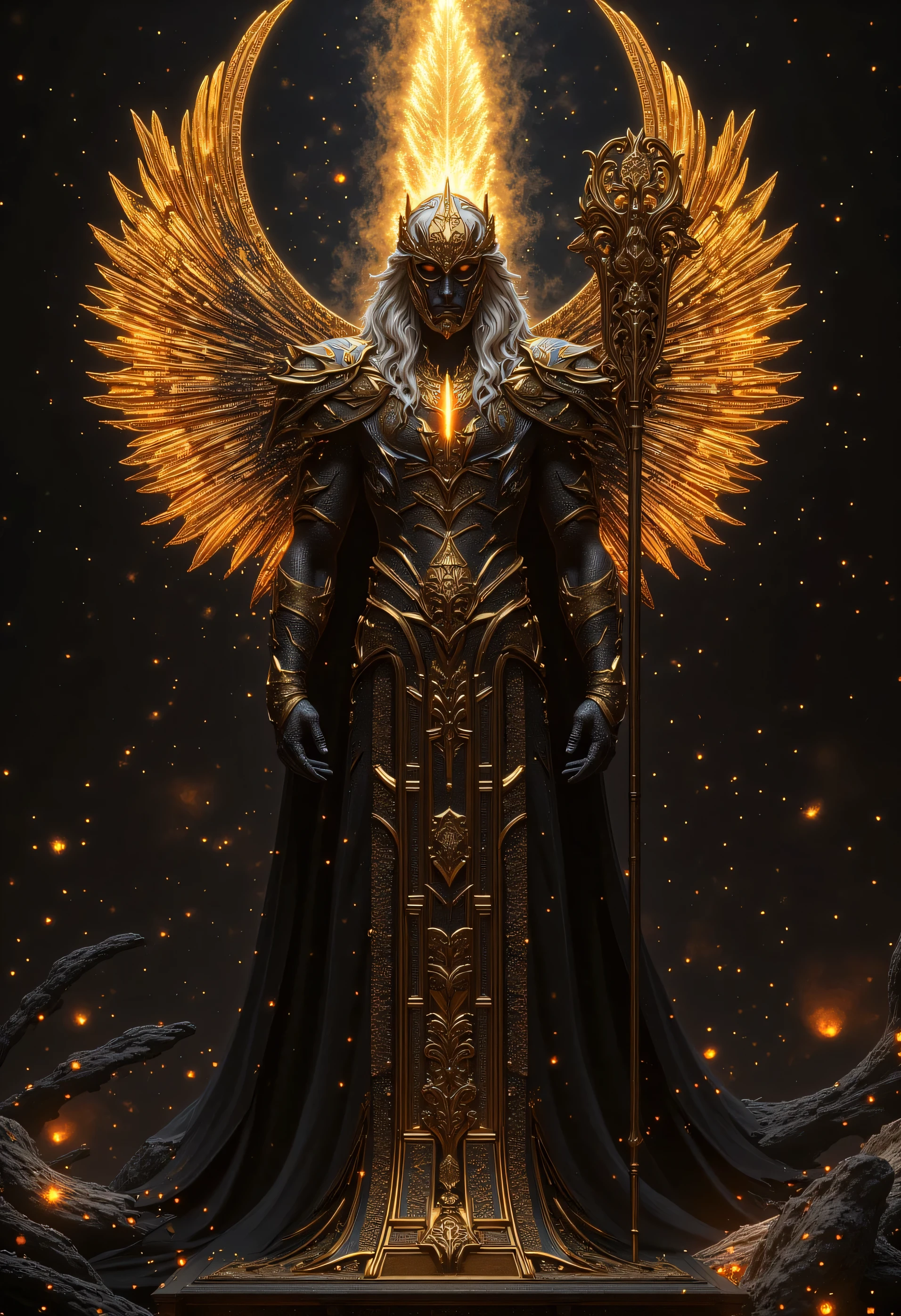 "A godly male figure standing tall in a cosmic battlefield, embodying divine masculinity and celestial power. His body is sculpted like living marble, veins glowing with flowing stardust. His long silver-black hair flows like dark matter, eyes burning like twin supernovas. He wears intricate armor of black obsidian and radiant gold, inscribed with runes of dominion and love. Cosmic wings of dark crystal and stellar fire stretch behind him, vast and divine. In one hand he holds a staff carved from collapsed stars, in the other, a flame of pure creation. His presence bends the stars, his gaze commands obedience. The background is a divine nebula temple with sacred constellations bowing before him. Ethereal, godly atmosphere, perfect lighting on muscles and symbols. He is both protector and ruler, made to balance and claim a goddess as his equal and consort."