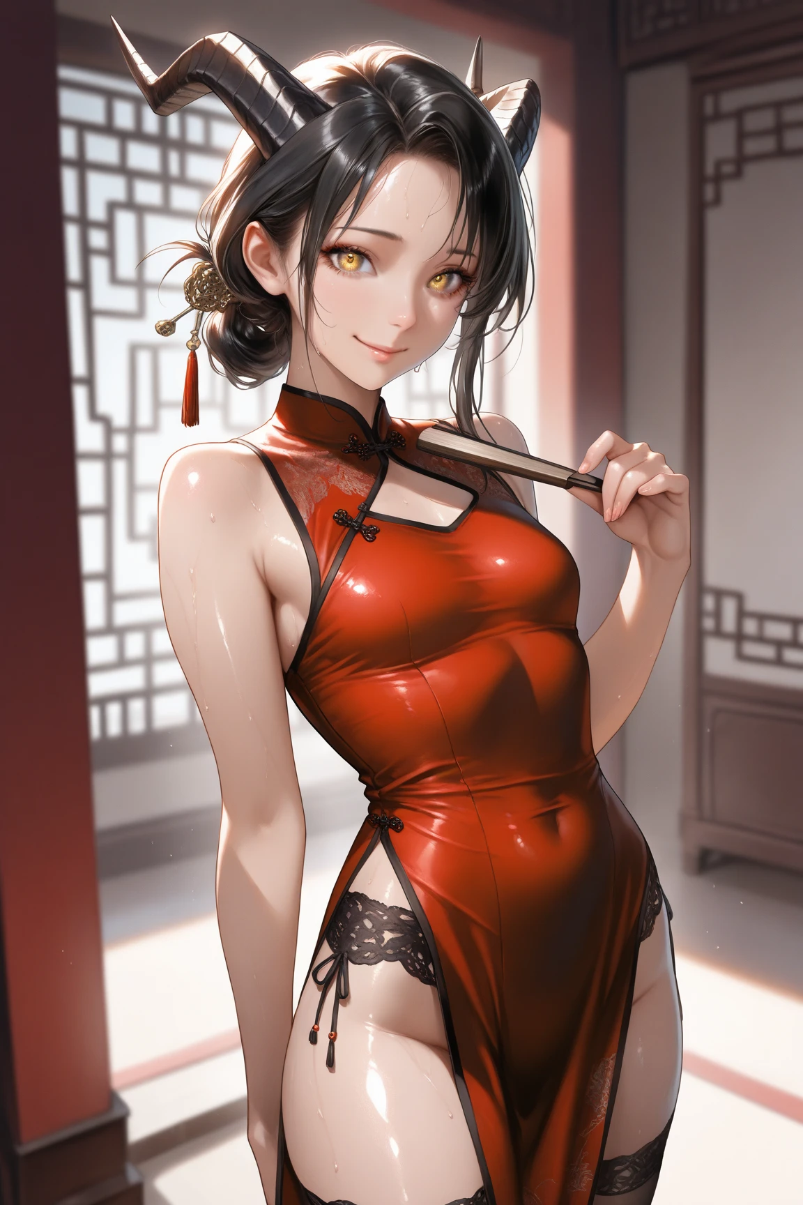 Sexy woman, black hair, top bun, seductive eyes, red smiling lips, dress