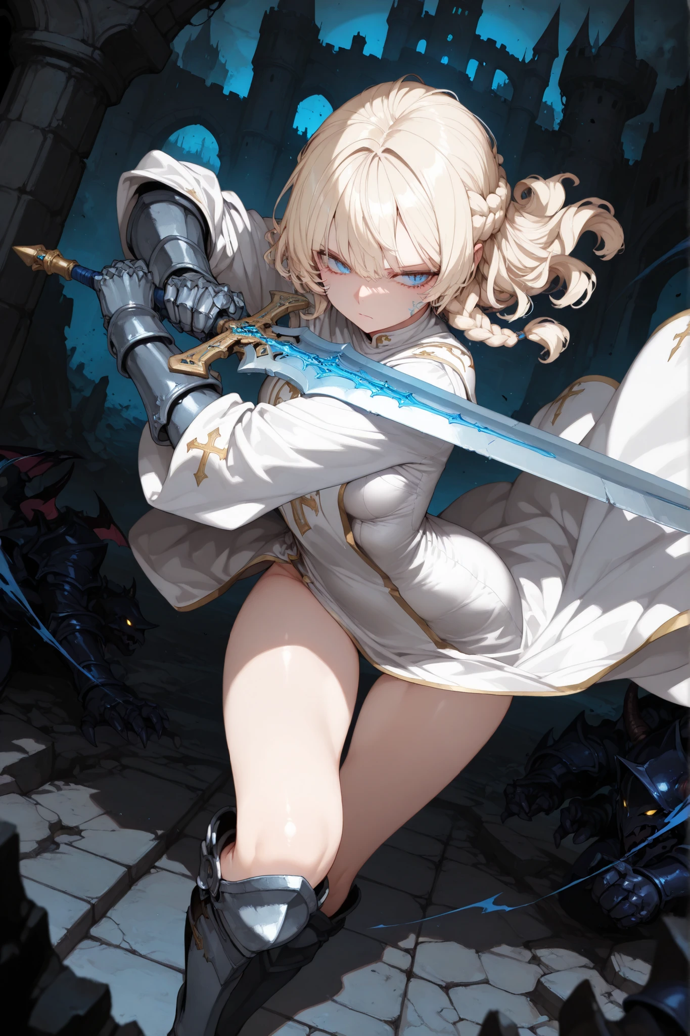 (SFW:1.5), (Anime), ( masterpiece, best quality, high resolution, hand details, s's t light , facial details, Detailed Legs, perfect lighting), (1 Girl, Details Girl , 20-year-old girl), (light blond, wavy hairstyle, braid, blue eyes, big ), (White Robe, Priest Robe , Holding the Divine Sword), (fantasy, castle ruins:1.5, Darkest), ( in the dark, Demon Knight, Fighting the Demon Knight:1.5), (Serious, looking around ), (dynamic angle, dynamic pose), (From the front:1.3)