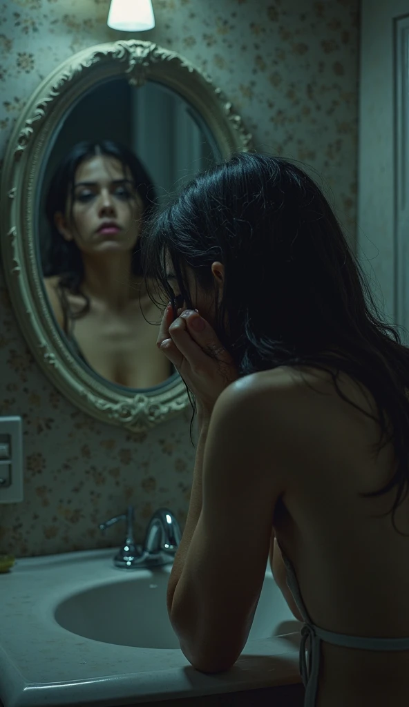 Create a haunting scene of a young woman standing in front of a broken mirror, the reflection in the mirror is a naked dark woman, in a very dark and gloomy room, A hyper realistic image, detailed, The woman only has pink panties, of lace.