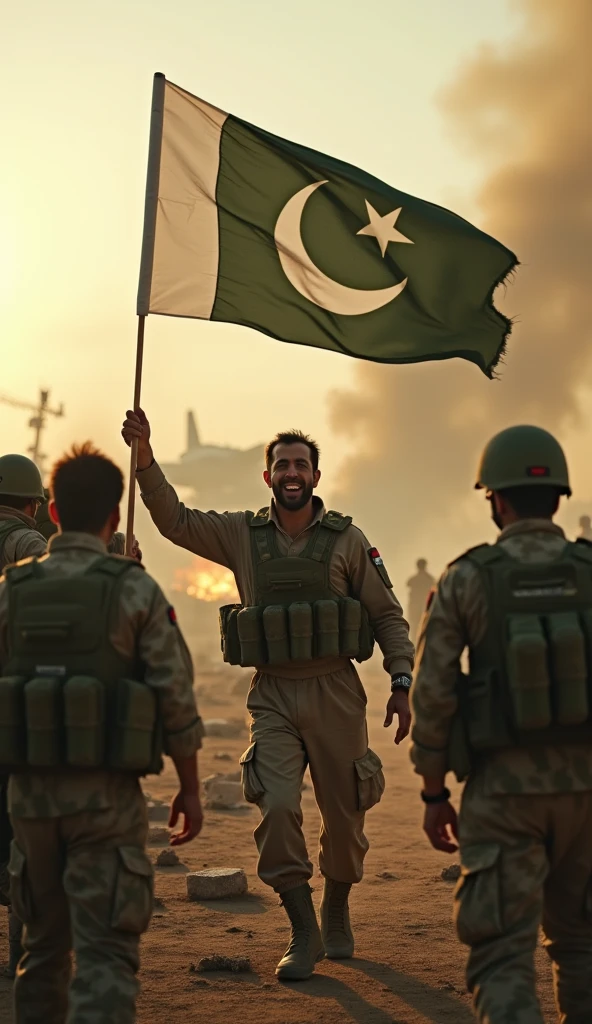 A battle field some Muslim youth holding the flag of Islam looking at the sky and shouting thousands of people are dead behind