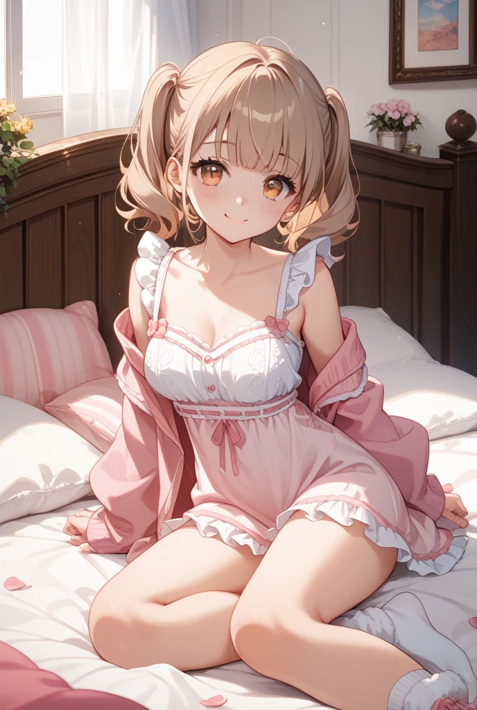 (Realistic: 1.6), (Soft Focus: 1.5), Sleeping girl, 26 years old, realistic, she is wearing white panty, she is wearing pink pajama, she is wearing white bra, DETAILED, MASTERPIECE, smooth skin, glowing long brown hair, soft lips, rich lighting, room lighting, (pink blush), (lighting), [[open legs, spread legs]], (solo), dynamic pose, ((erectnipples)), (female pubic-hair), (puffy eyes:1.3), (slim legs)