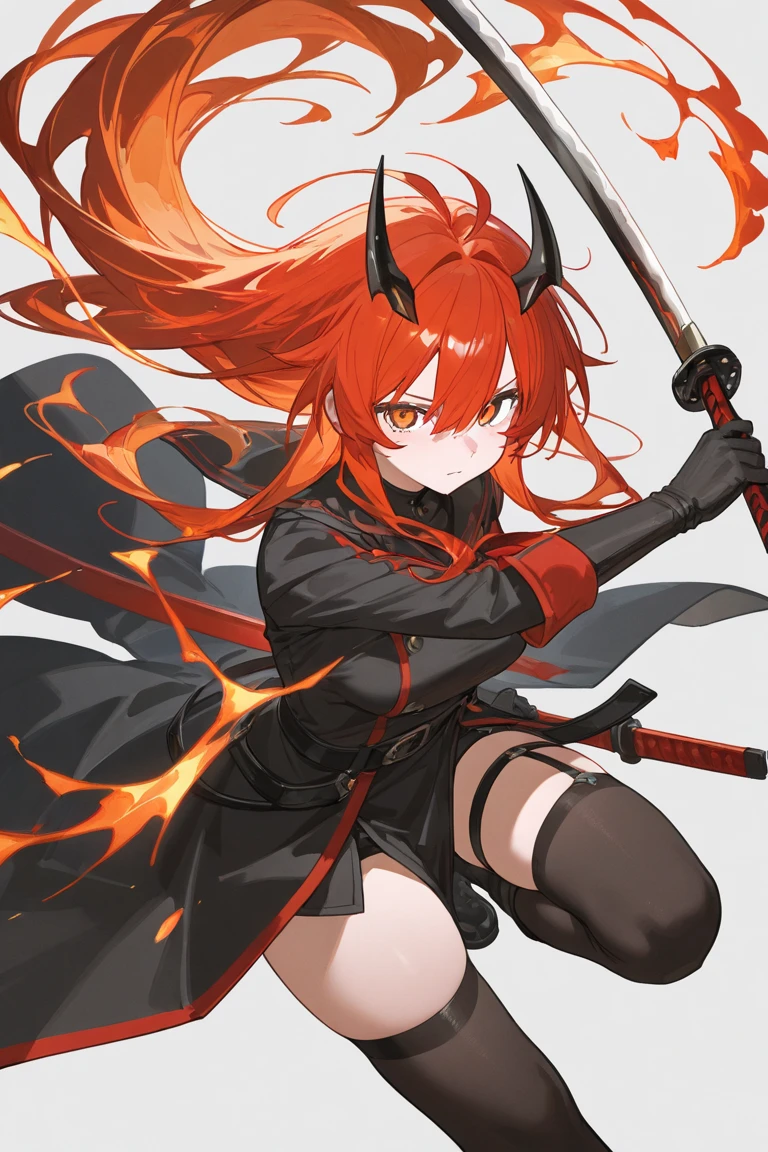 4k,High resolution,One Woman,Orange Hair,Long Ponytail,Blue Eyes,Big Breasts,samurai,Black samurai dress,Black fishnet stockings,Black gloves,Black boots,hair band,Japanese sword,Medieval town