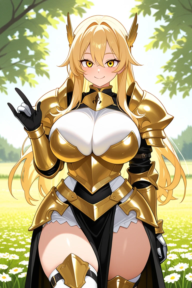 1 girl,long blonde hair,blonde bikini armor,open mouth,large breasts,laughing,holding stomach,Devastated land,dead tree,bright overcast sky,