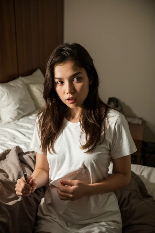table top, highest quality, figure, Super detailed, finely, High resolution, 8k wallpaper, Perfect dynamic composition, a young korean woman, (furrowed eyebrows, closing eyes, show teeth), wearing yellow tshirt, (lying on a pile of white pilow).