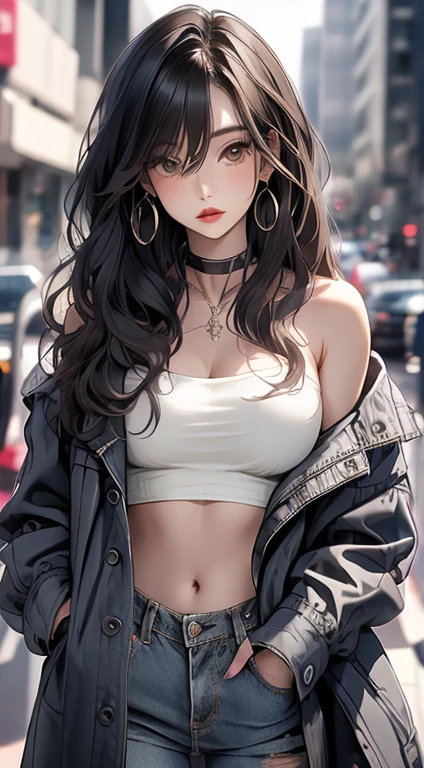 masterpiece, highest quality, pixiv, Cool girl, the strongest pirate girl, topless, Lips in love, dark brown hair, Curly hairs, blunt bangs, straight bangs, gray eyes, White skin, Girl, improve, Graffiti-Stil, Cool, villain, Böses Girl, tattoo, wears red binnie
