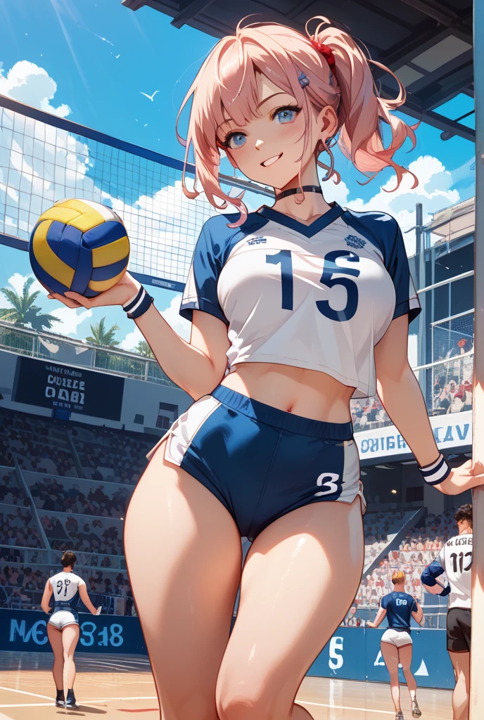 Best Quality, detailed girl, Glaring,Serious face,Fighter,Small breasts,pointed breast,Pink braided short hair,old glasses, (Volleyball uniform), lift,((((No bra)))),Show off long spats, Lift Jewelry,(Long spats),Fromgym,Perfect Anatomy,Perfect hands,(Shiny skin),back-view,Sweating a lot