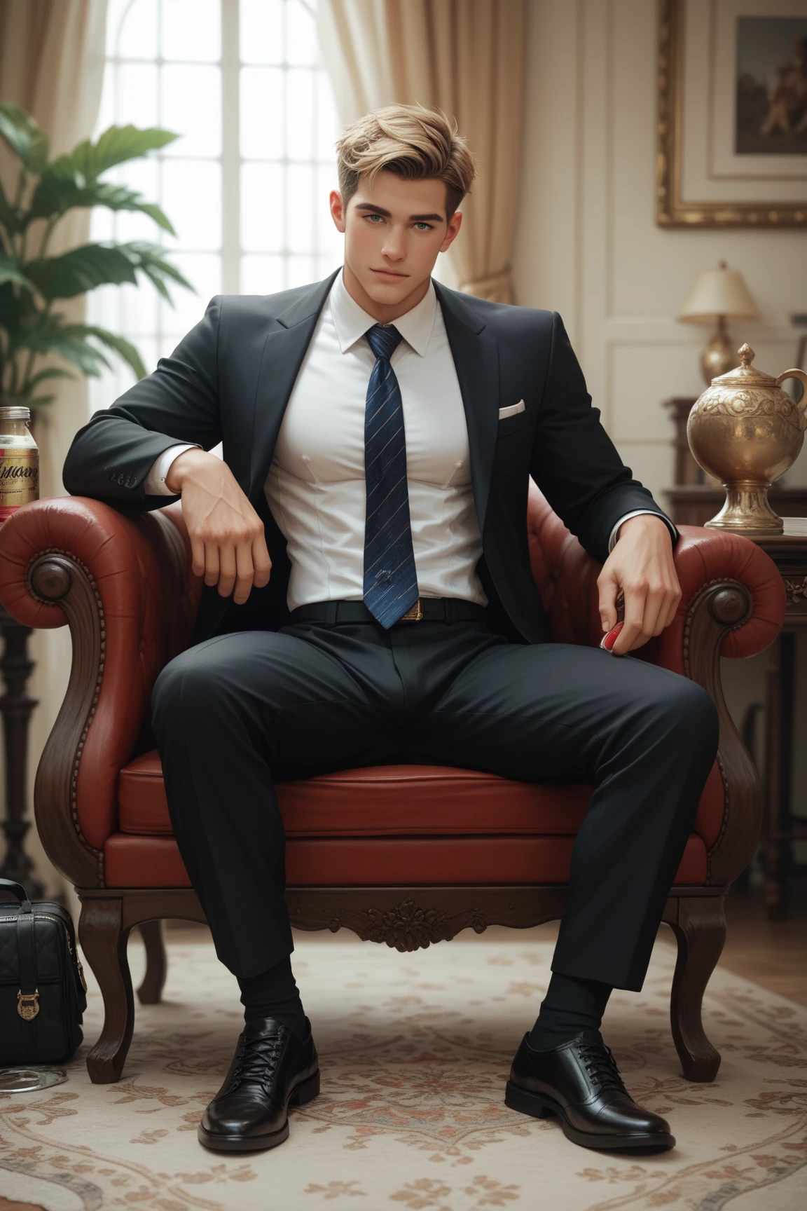 Man sitting on a chair in a suit with no pants and a hard penis