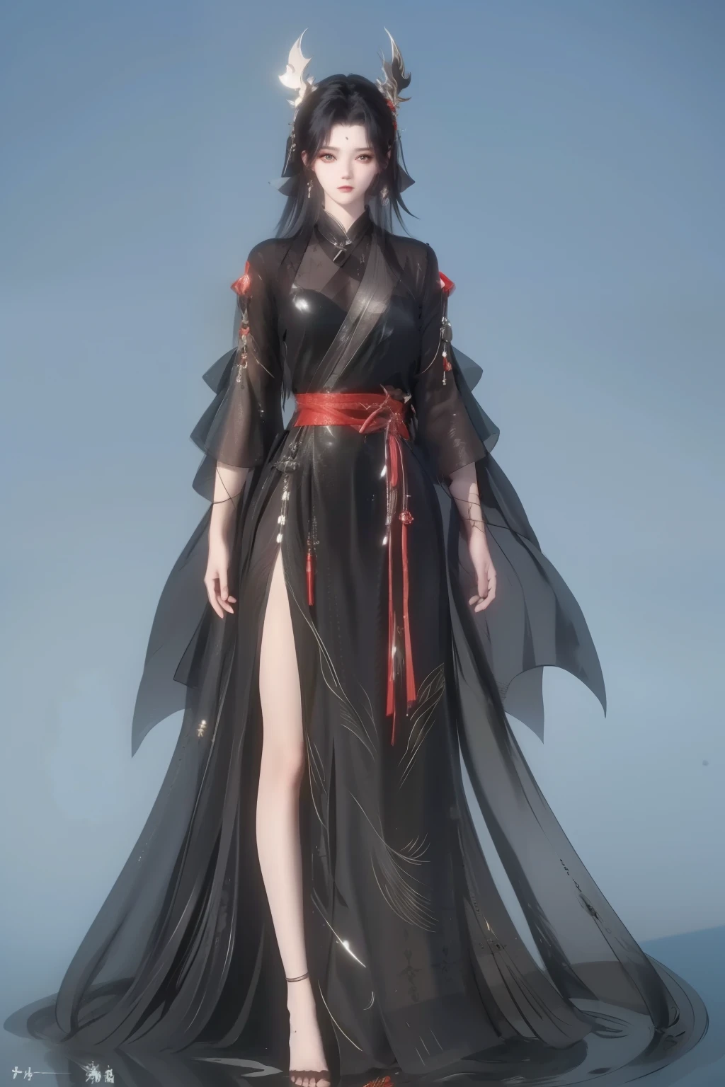 girl,full body,(detailed face:1.2), masterpiece, fashion,chinese dress,, medium hair, black hair, twintails, blunt bangs, brown eyes, magical, divine, 4k, hdr, (full body:1.4)