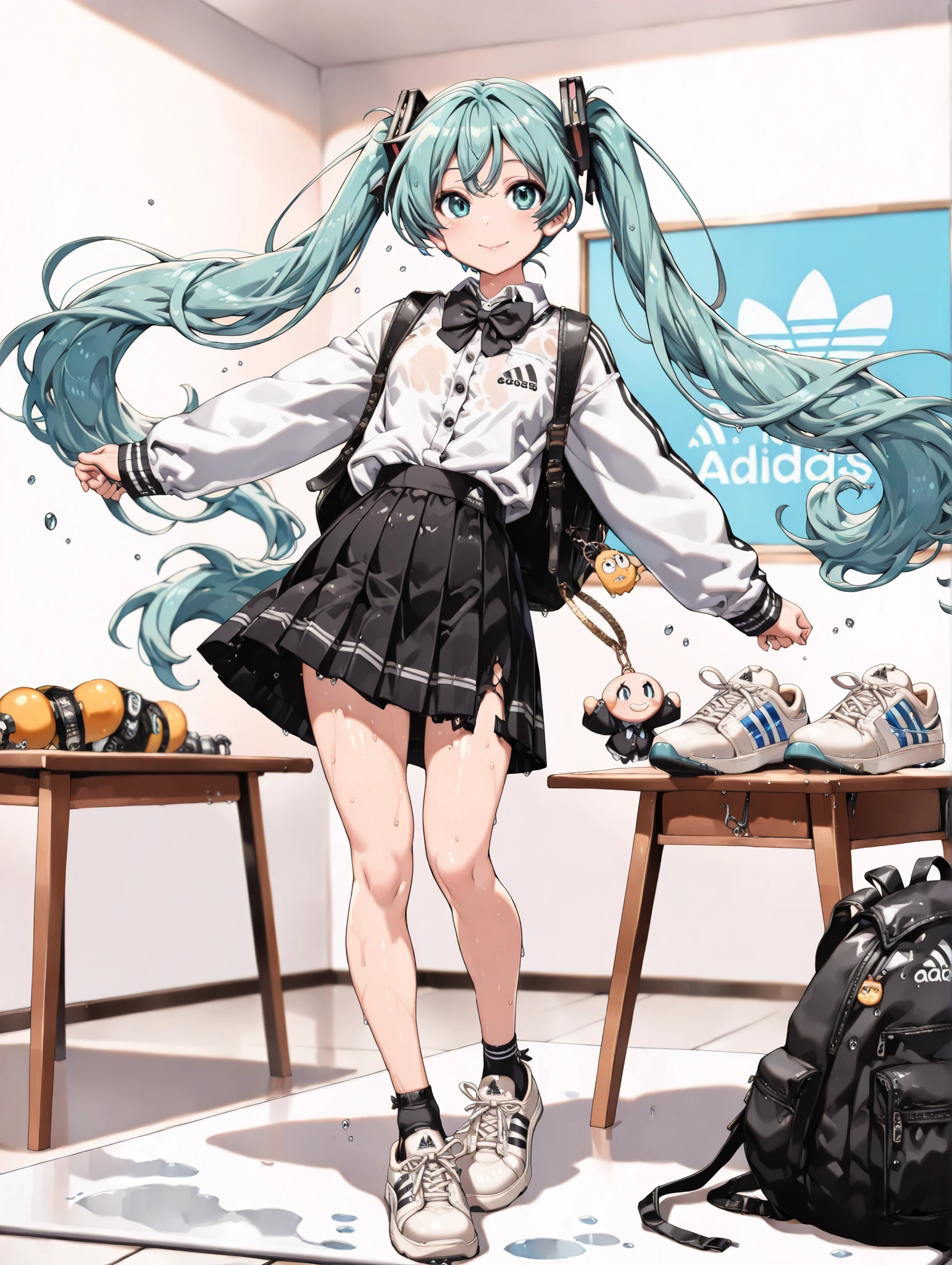 (masterpiece、最high quality、最high quality、Official Art、beautiful beautiful:1.2)、(1 girl on break day:1.3)Hatsune Miku、beautiful胸、light green twin tail、very detailed from below si, high quality, masterpiece,, (one girl) beautiful, Motion Trail, MotionTrail, solo, full body,(table top:1.3), beautiful顔, beautiful髪型, Detailed and beautiful eyes, beautiful肌, charm, Ultra A High Resolution, surreal, very well detailed,  golden ratio、(Fair skin:1.2), Shining Eyes, (Faint lips:1.2), (A breeze of fresh air:1.3), ( bungs:1.3), ( face and leg shots :1.3), (standing, sidemap), (smile:1.2), ( white long sleeve button down shirt ,  black school ankle socks, Adidas_sneakers,  Plaid Pleated Midi Skirt , School Bowtie:1.3), (rucksack:1.2),(Japanese Girl:1.2), (idol:1.3)、(No.)(Small and beautiful、difficult(thin,  Wet Buttons Up to Shirt Length:1.1)、(uniform)、School route, (ren&#39;pants) ), (torn skirt:1.1),