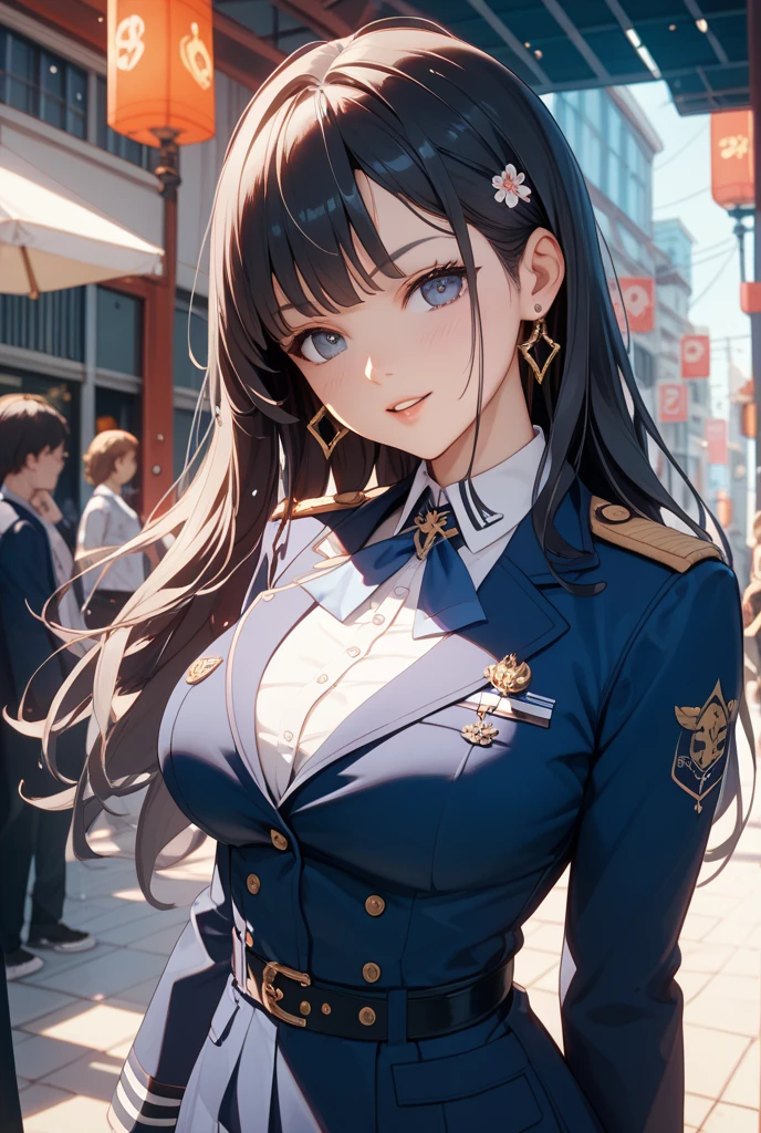 Anime girl in military uniform. Two thumbs up, brown hair and blue eyes, short skirt, dark red cape on shoulders, smiling. In the background is a busy port. Natalia Lack-esque, grown-up.