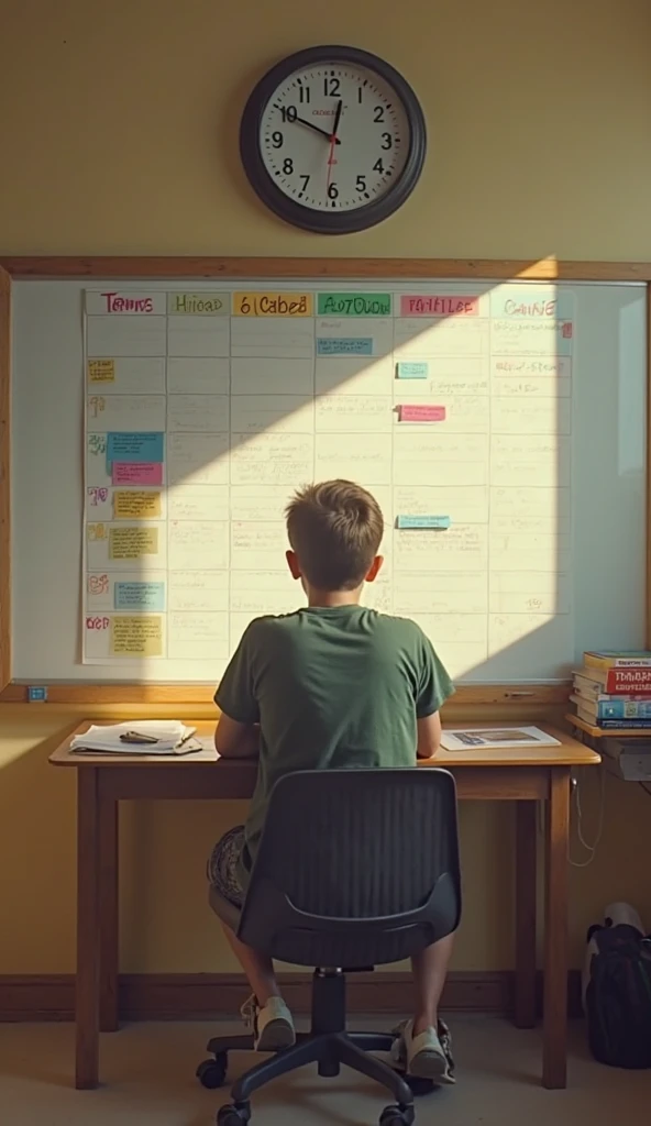 A boy studying in a dark with many books. All books are lying on table. Some sticky notes are on the wall. Boy is looking motivated and little stress.