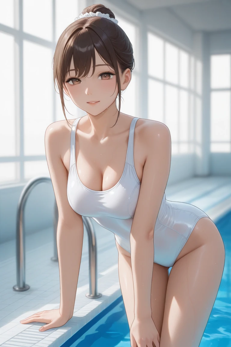 1lady solo, standing, (competition swimsuit:1.2) stylish, mature female, /(dark brown hair/) bangs, blush kind smile, (masterpiece best quality:1.2) delicate illustration ultra-detailed, (arms up) (hands behind head) BREAK (shower room) indoors, simple wall, tile floor