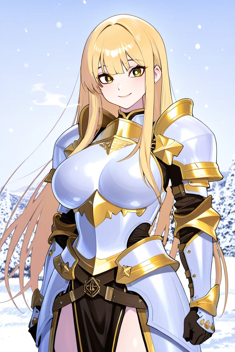 Une femme, 25 ans, manches, cheveux longs, cheveux multicolores, romantic smole, details, Saint Seiya, armure mythique, Saint Seiya Cosplay, Armure de chevalier, Scandinavie, hiver, Glacier, neige