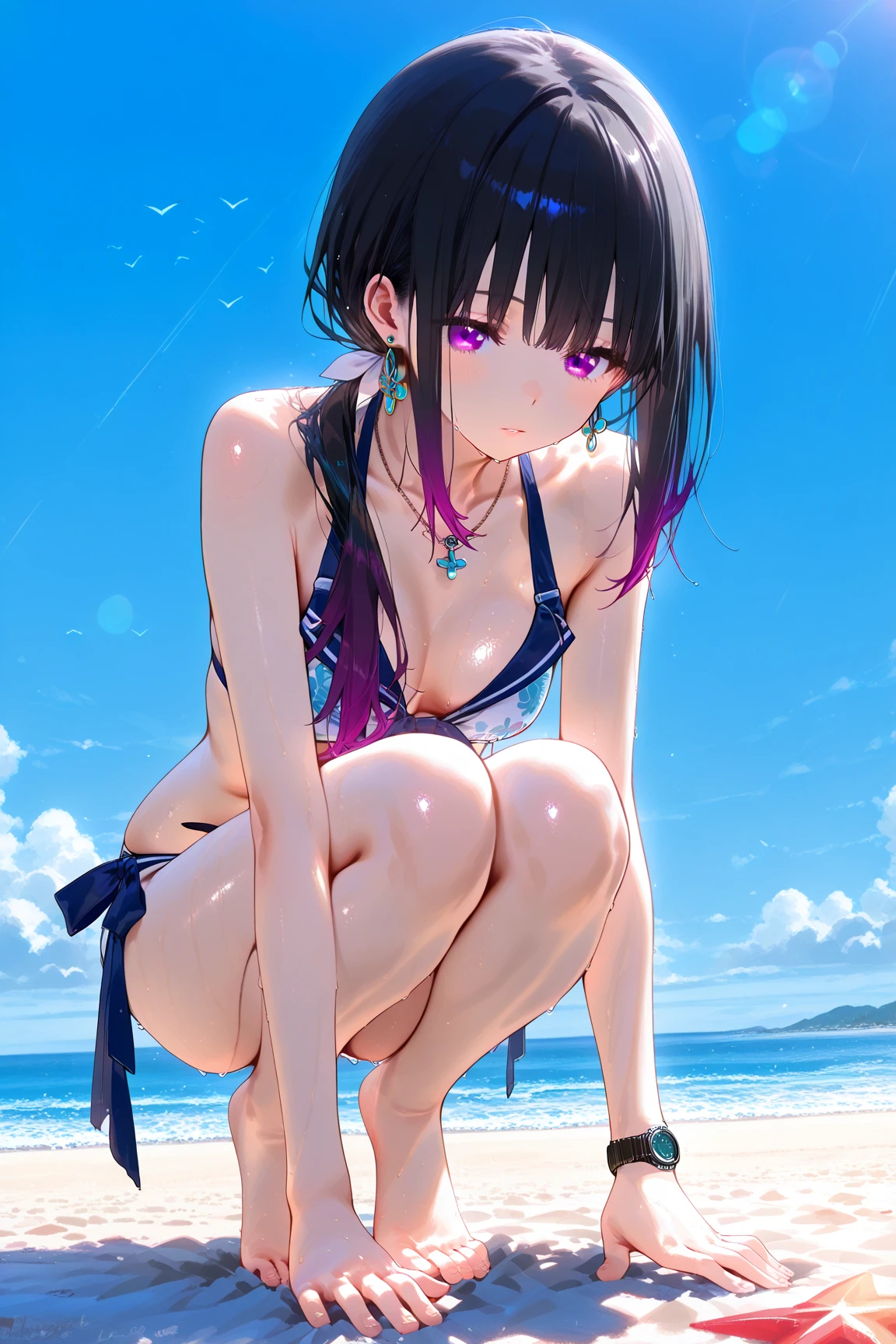 masterpiece, (solo:2), (1 lewd girl:1.5), (short hair), (black hair), (full body), (light color bikini), (medium breast), smile, sweat, (wet hair), (wet swimsuit), (lips apart), (swimming in a sea), (summer beach), sunset, seductive face, crotch, shibari, spread legs,