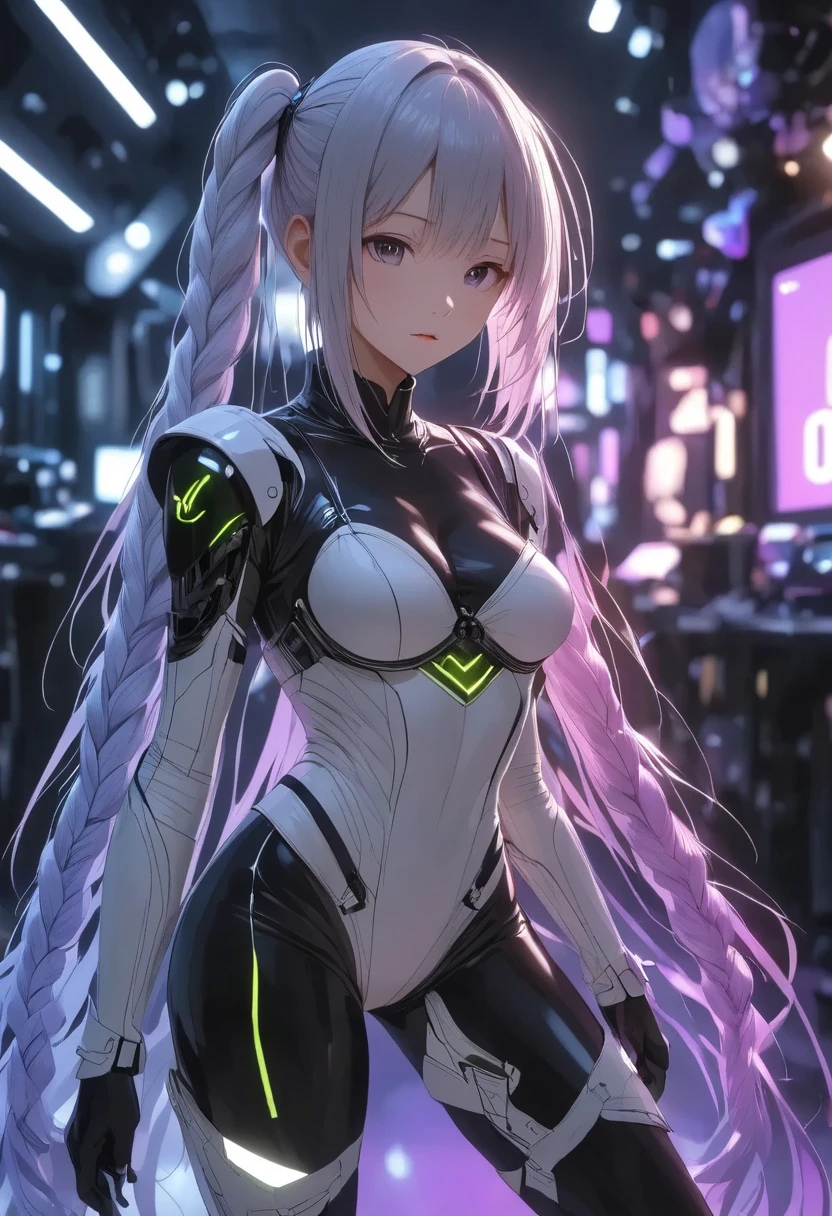 (masterpiece, Highest Quality:1.2), 1 female, solo, Fighting Girl, inhime, knight's armor-like protector, NVIDIA GREE notebook glowing line design, Clear and sharp luminescence,  White Outfit , purple gradient braid hairstyle, twin tails, 