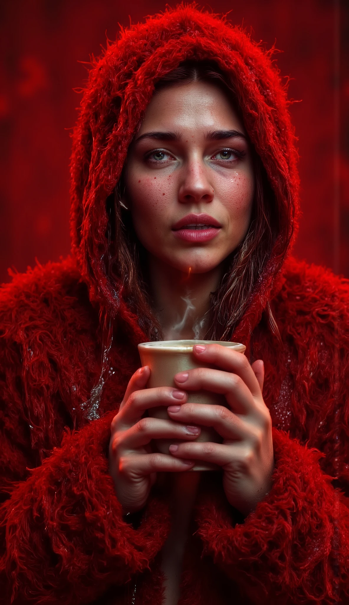 Epic realism portrait, low coloured photography, 25 years old pretty sexy sweaty smile woman holding cup of coffee red color and white dots with rising smoke, main red lights and shadows on face, light red background on atelier and sun shining from the outside to the face, she wants to smell the cup, big green eyes, too many freckles, rusty straight long hair, naked under wearing in unbuttoned light red and more red coloured more glittering fur and visible breast gap and hood on head, red piercing in the navel, reflections of sweat droplets on the body, light red nails, Hasselblad X2D 100C, looking into the lens, focus f=1.2, distance=200 ft, more bokeh, epic backlight. 8k nordic woman... --ar 9:16