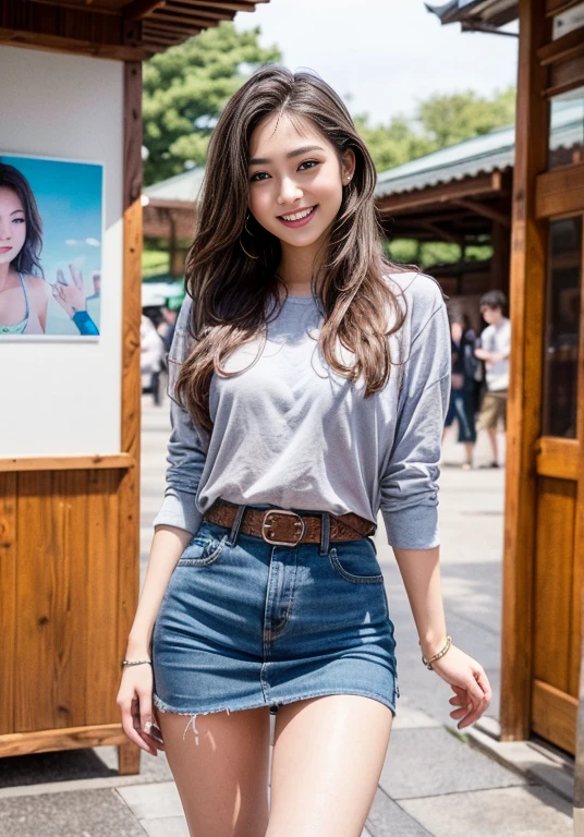 An ultra-high picture quality、Perfect Photo、 beautiful girl、Japan beautiful girl、Female college student、light skinned、slender、Beautuful Women、(((The shirt)),((Denim Mini Skirt))、Raised mini skirt、(((Crouch down)))、