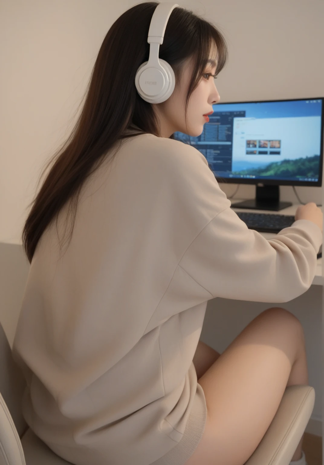 {there is a young girl in a gaming room. she is beautiful, and attractive. she is wearing a white t-shirt style dress. she has beautiful long brown hair, and beautiful hazel eyes. she is sitting behind a computer desk. the desk has a gaming computer on it. there is also a mic near the computer. she is wearing headphones with rgb lighting on it. there is a keyboard and mouse in front of the monitor with rgb lighting as well. the walls in the room are a dark colour, and the ceiling light is emmiting pink lighting. there is a door in the background, but it is closed. the only light source is from the computer and the ceiling light.}, {best quality}, {{masterpiece}}, {highres}, {{{8k}}}, extremely detailed girl, {{{caucasian skin}}}, {{{detailed face}}}, {photo-realism}, {{perfect anatomy}}, sharp focus, {{{character{1 girl}}}}, solo, {{{{{sharp focus}}}}}, {{{detailed cloth texture}}}, {{{detailed skin texture}}}, {{{smooth lighting}}}, {{australian decent}}, {{18-years old girl}},