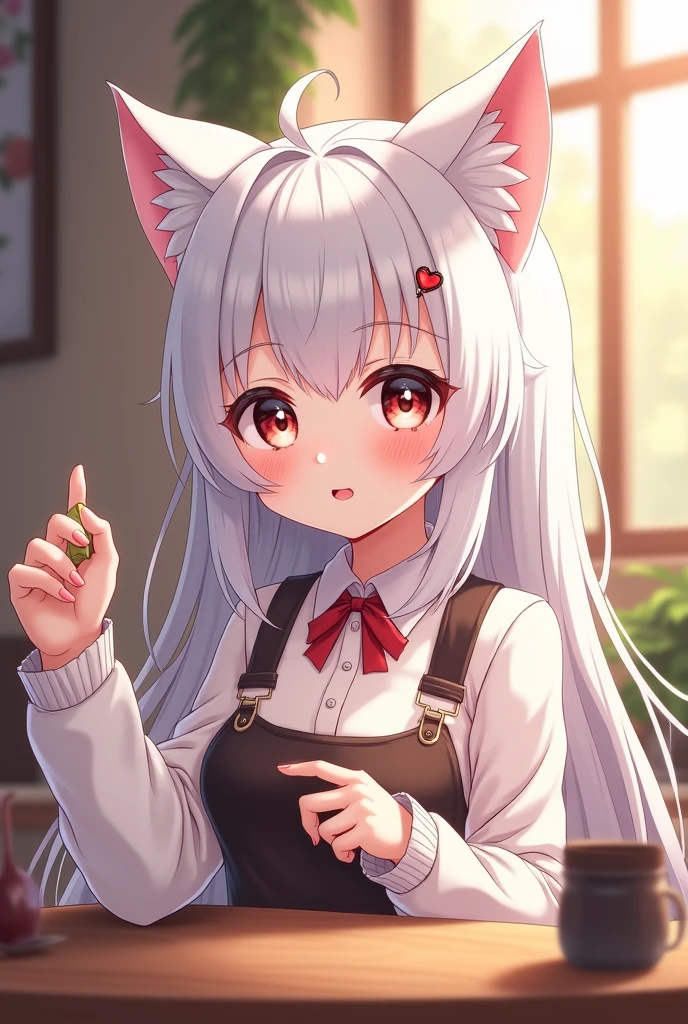 una chica, pelo largo y blanco, dos colas bajas, orejas de gato, ojos rosado, escuela, parte superior del cuerpo