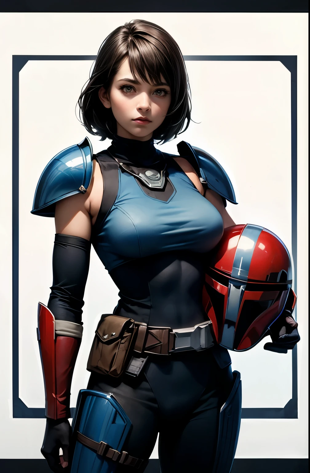 star wars world ,female mandalorian , ,holding helmet in right hand,I can see faces ,Vesker Armor ,Slimming, slender, ,