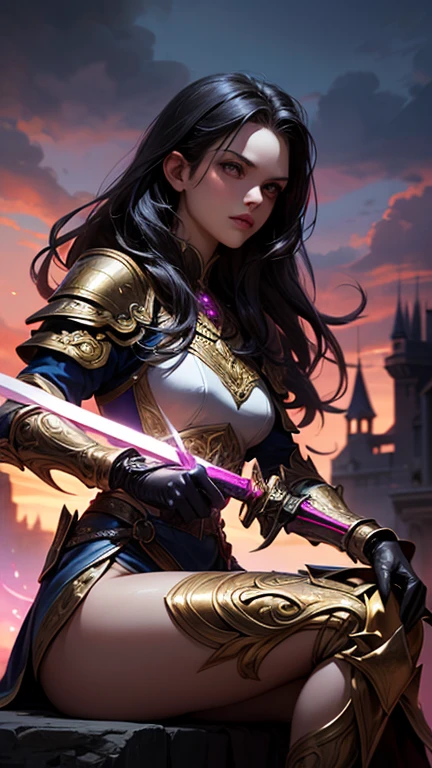 (Detailed illustrations,Very detailed and detailed drawing,Delicate lines with slow and rapid,Realistic texture expression),[Color tressed main line],(Fantasy World Battlefield Background [Burning castle]),(GIRL ROBOT  (purple scorpion[METALFACE]) (SKINNY)) [WEAPON MACHINE],((NINJA Sengoku Armor))[stall],[[poisonous scorpion pattern]],[Use a ninja sword as a weapon],[[Mobile Weapon Gigant Size][Science Fiction Mechanical]],[Clear purple translucent shell that covers the body surface],(Intricate and beautiful decoration [Dense detail]),[transparency],(Precisely drawn face)[完璧な目のdetailed(Iris beautifully drawn in every detail)[eyes like jewels]],[long and beautiful eyelashes],[Meticulously drawn hair [美しく艷やかな髪のdetailed]],(完璧な手のdetailed [Beautiful fingers without breakdowns [Beautiful nails]]),(Perfect Anatomy(Perfectly proportioned))[[full body portrait]],[Ideal color coordination(Accurate simulation of light-material interactions)],([Precision Detail](detailed,High definition)),[Visual art that conveys a sense of narrative].