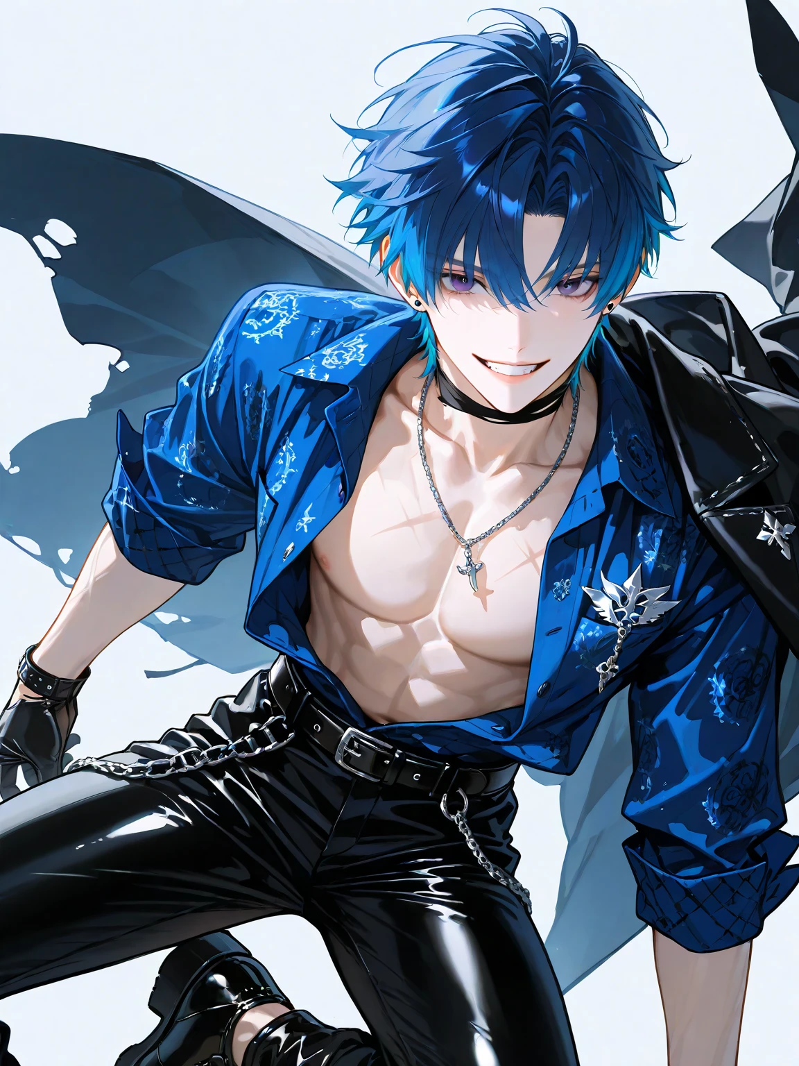 (RockOfSuccubus), Midriff, belt, pants, (tattoo:1.1), pubic tattoo,makeup, (colored skin:1.3), (lips), (black lips:1.3),(lipstick), (pale skin:1.5),cross-laced clothes, (spiked bracelet), necklace, ((long blue Hair, ponytail)), Kaeya, grin, Eyepatch,((no breasts))
