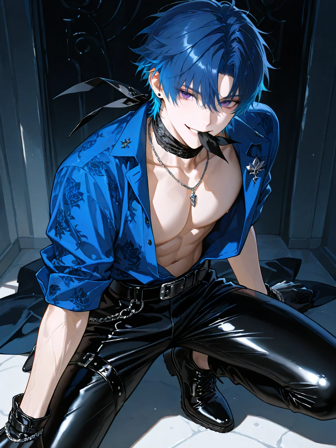 ((((1boy)))), solo, 15-years-old, Entj, manipulative, sophisticated, dominant, light blue wolfcut hair, blunt bangs, gray eyes, long eyelashes, jig eyes, blank eyes, skulls accessories, gothic, death atmosphere, portrait, many accessories, royal, sadistic, enamel leather clothes, BDSM, tattoos on right hand and on neck, (((with a pacifier))), navel, piercings, lying on the bed, tight micro shorts, black nails