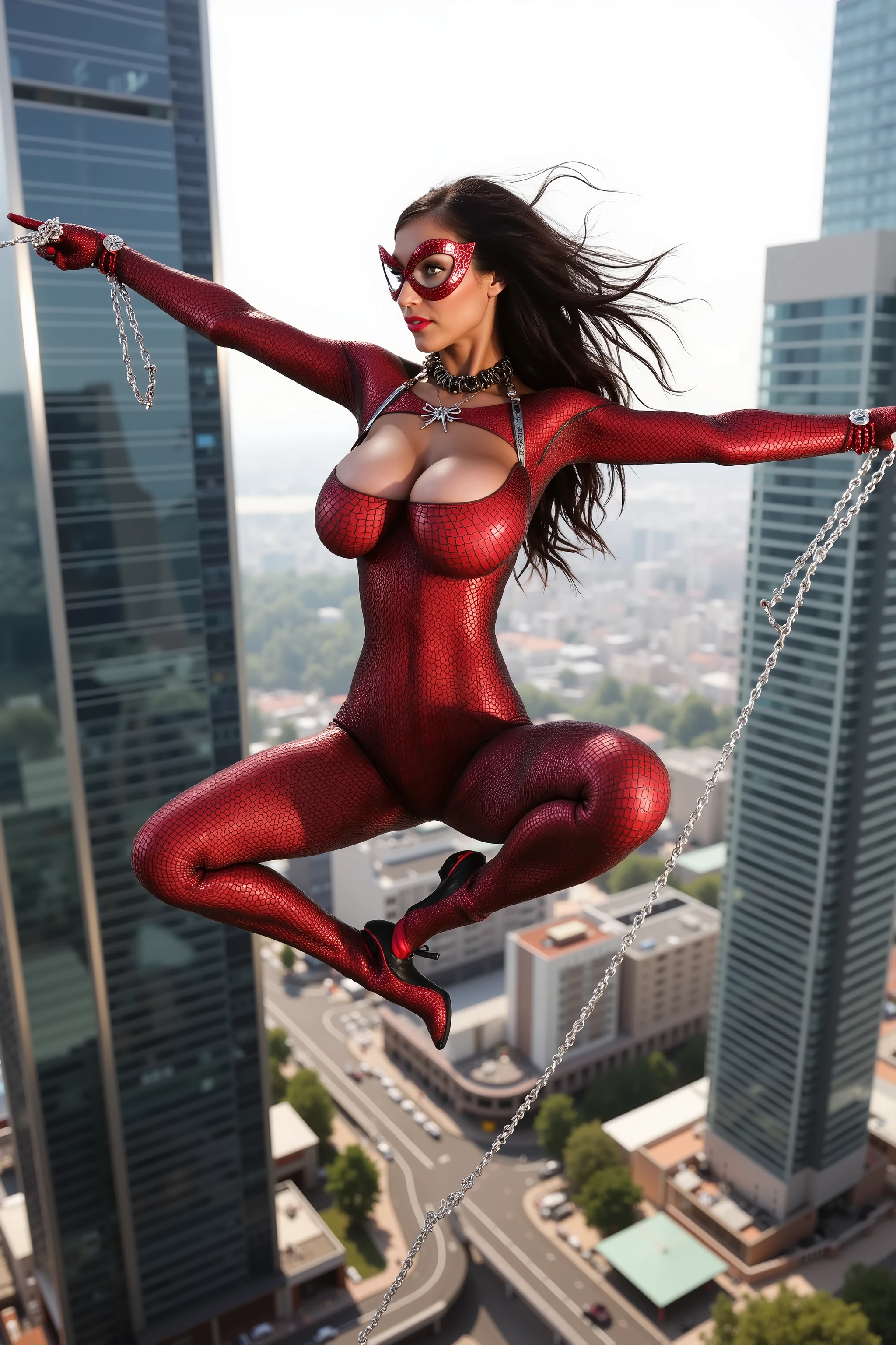 A lovely woman (role of spider woman, sexy super hero costume, sxvnr), swinging from building to building using webs.