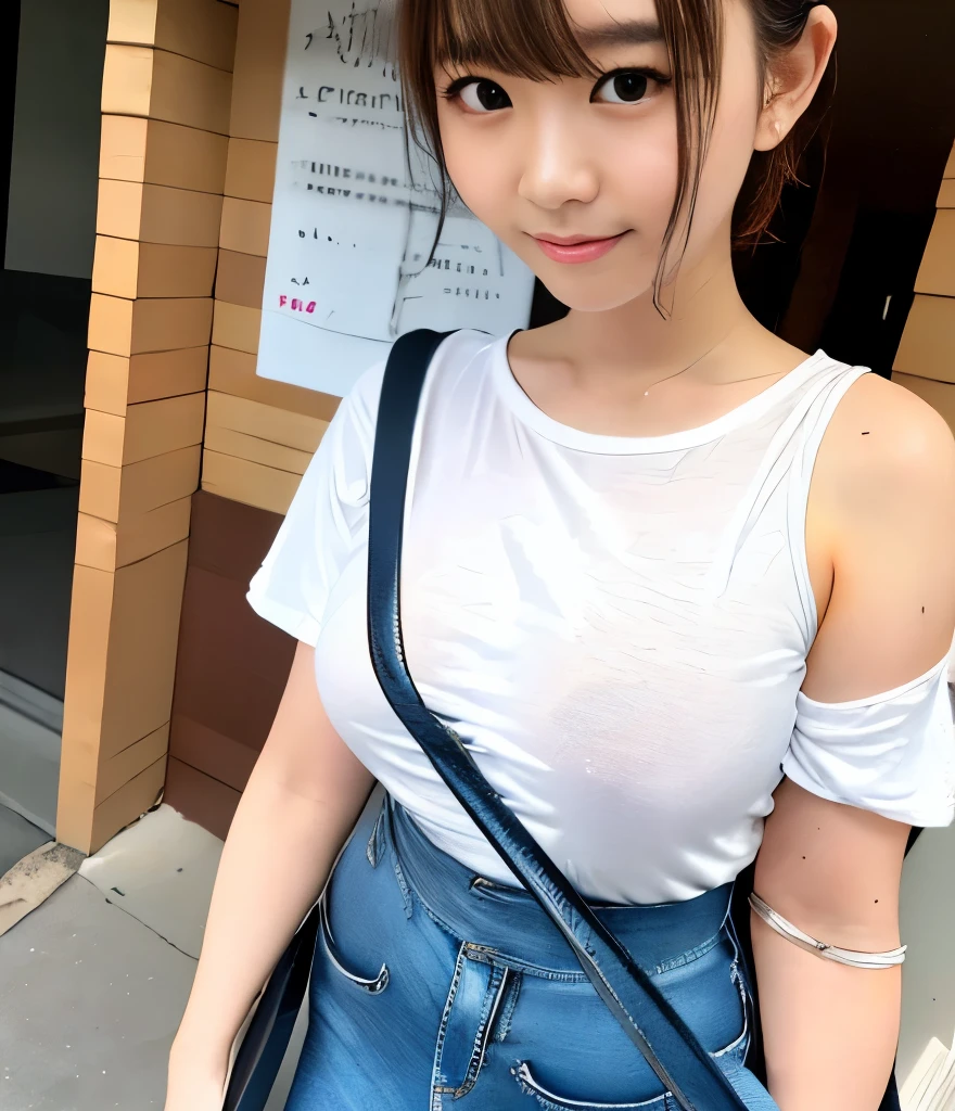 (Highest Quality:1.2), RAW Photo, high definition, 完璧な詳細, professional photography, professional writing, sharp concentration in nude clothes , Highlighted look {X} Highlighted look {X} very cute girl, Japanese Girls, Her face eyes are beautiful 、、is brilliantly drawn, Detailed Double Eyelids , Bored eyes, brown hair, with bangs, smile, (Big Breasts), white t-shirt, tight pants , (crossbody shoulder bag:1.5), (The bag string crosses the chest diagonally、Diagonal 、The bag string tightens the chest:1.5), ( full body shot :1.2、HINNY SKIN 、Almond Eye、(perfect anatomy、 charming)