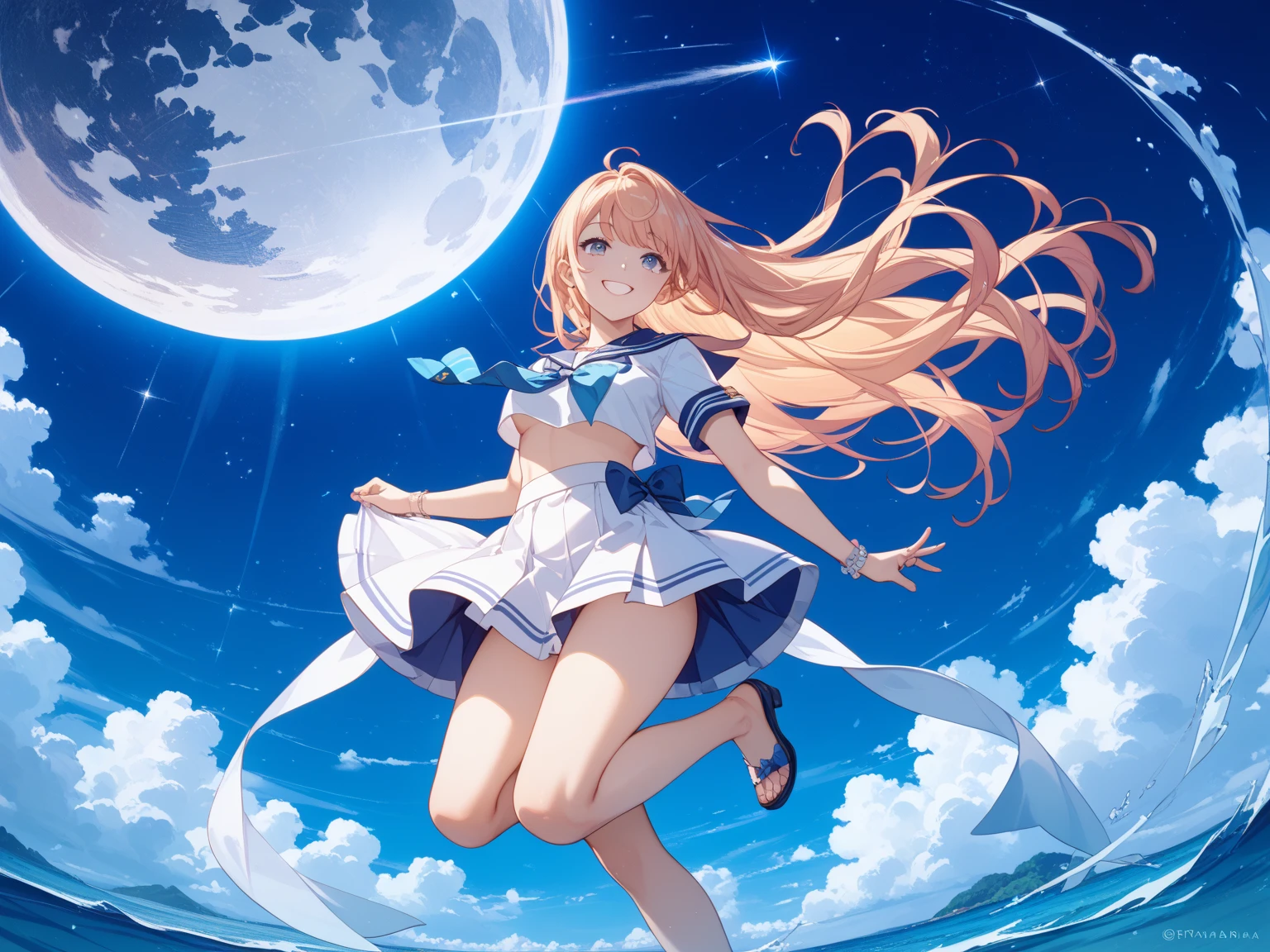 A nice white shirt that lets you see. 、Light blue flared skirt with ruffles、She lifts her skirt with both hands to show off her pretty white underwear.、Cute white underwear visible when you lift your skirt.、sandy beach, beautiful sea, night and starry sky small breasts 