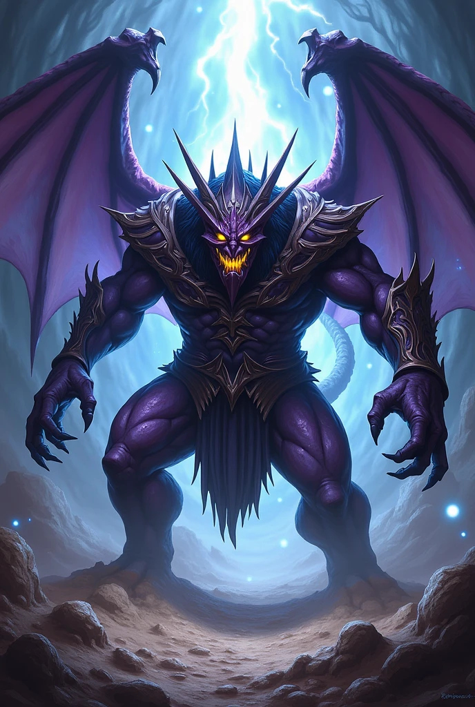 a close up of a demonic creature with purple eyes and a purple light, demon soul concept art, demonic creature, dark fantasy concept art, monster concept art, dark concept art, an ominous fantasy illustration, dark fantasy horror art, dark fantasy artwork, demonic monster, eldritch god, fantasy horror art, dark fantasy art, cosmic horror entity with wings