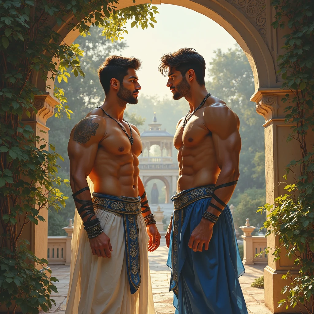 baroque painting+muslim_art fullbody portrait, an arabian prince, cinnamon skin green eyes, wavy black hair, thin face, perfect detailedd feet, slender toned body, body hair, beautiful face, next to a young viking, blond, blue eyes, muscular beautiful face, strong, masculine perfect proportions, white skin innocent look, shirtless, pantless, both men looking each other smiling standing and kissing wearing shorts in a medieval arab deco room large windows to see the La Giralda in Sevilla model 5 0 0 px, Nikon d 8 5 0 camera, fullcolor, sticker of a full body picture of a beautyfull young man, highly detailed beautyfull face, freedom, soul, digital illustration, approaching perfection, dynamic, highly detailed, watercolor painting, artstation, concept art, smooth, sharp focus, illustration in the style of artists like Russ Mills, Sakimichan, Wlop, Loish, Artgerm, Darek Zabrocki, and Jean-Baptiste Monge (homoerotism_fullbody_nsfw) Body Position