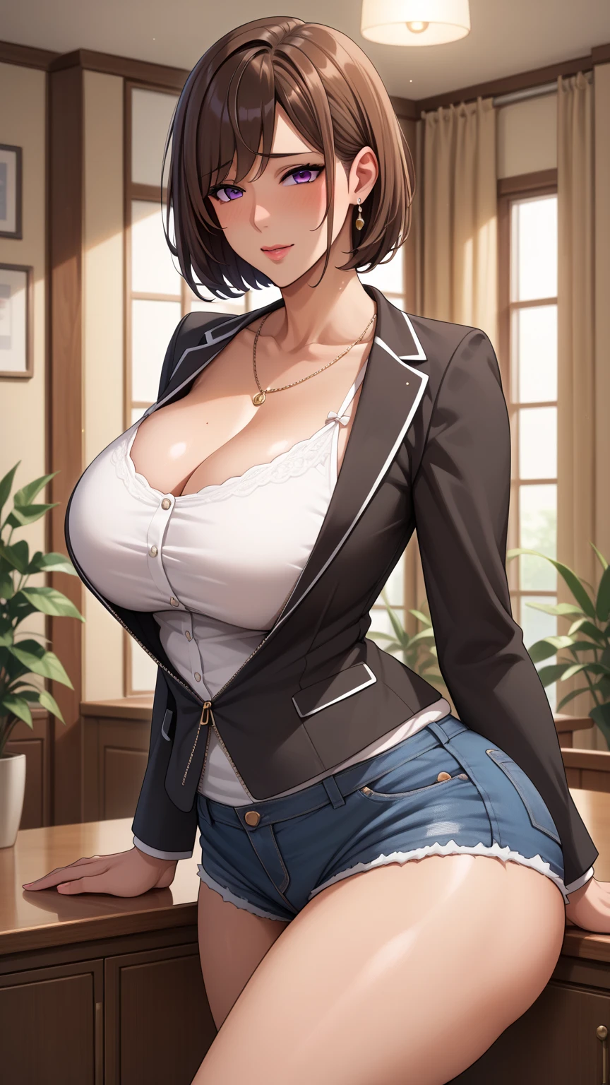 Best quality, high detailed, 8K quality, 4k resolution, Full body 23 years old girl, short hair, random hairstyle, stunning hairstyle, necklace and piercing, gorgeous face, massive breast, long cleavage exposed, curvy body, wearing Erotic Sleeveless Blouse and Blazer: A sleeveless blouse under a fitted blazer, paired with ankle-length trousers and loafers, massive breast and huge butt, playful expression, pose with both hands