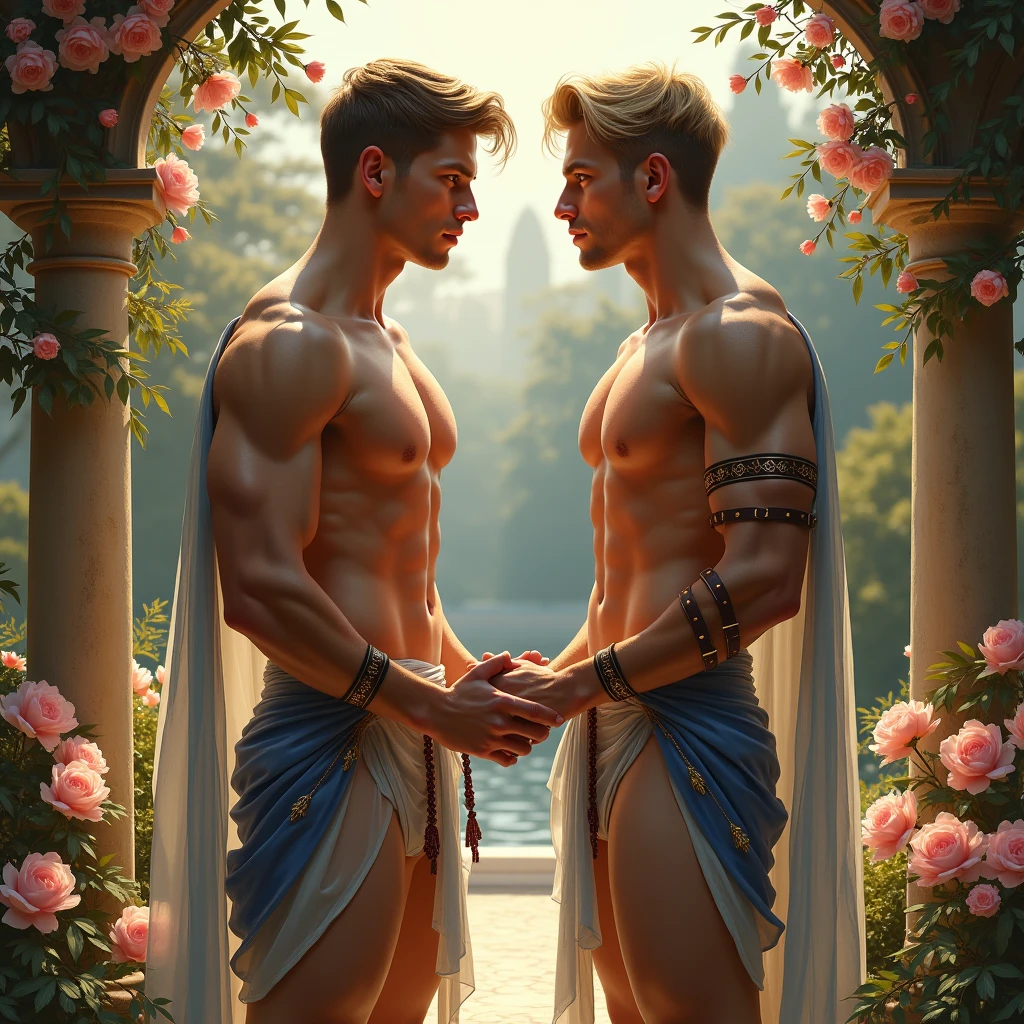 Homoerotic Rococo painting Naked young men with beautiful muscular and symmetrical bodies naked having doggy style sex in the garden of a Germanic palace, A beautiful young blond man crouching down brings his mouth close to the abdomen of a very beautiful young Latin man standing looking at the camera surprised