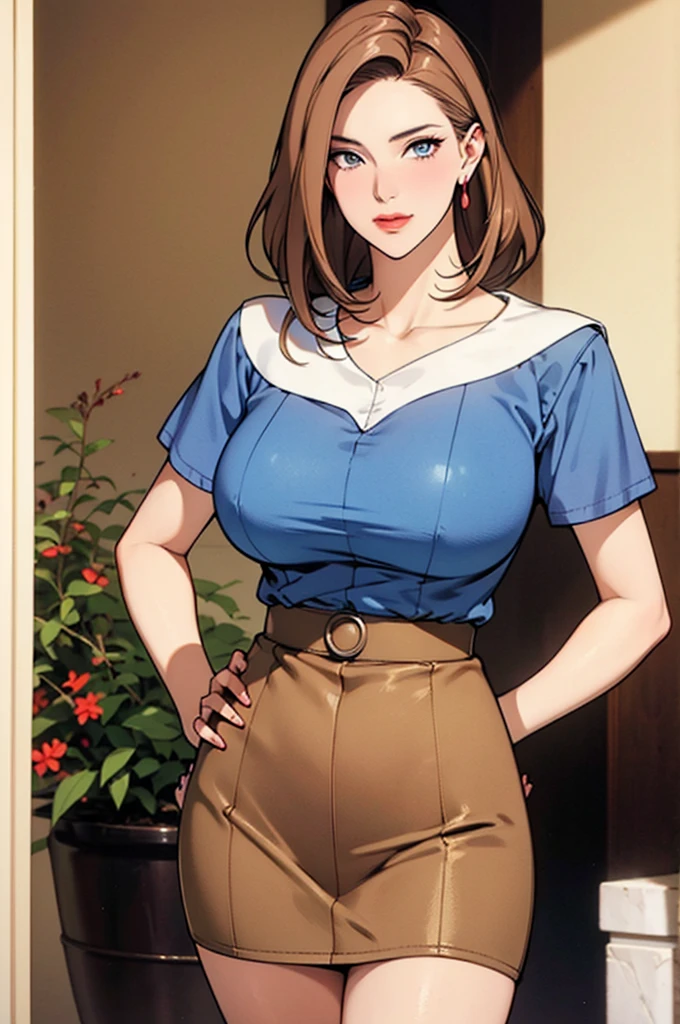 score_9, score_8_up, score_7_up, source_anime,1girl, mature female, brown hair, curvy mother, wide hips, normal breast, (happy expression:1.5), looking at viewer, standing, sexy white blouse, beige pants, half complete body view