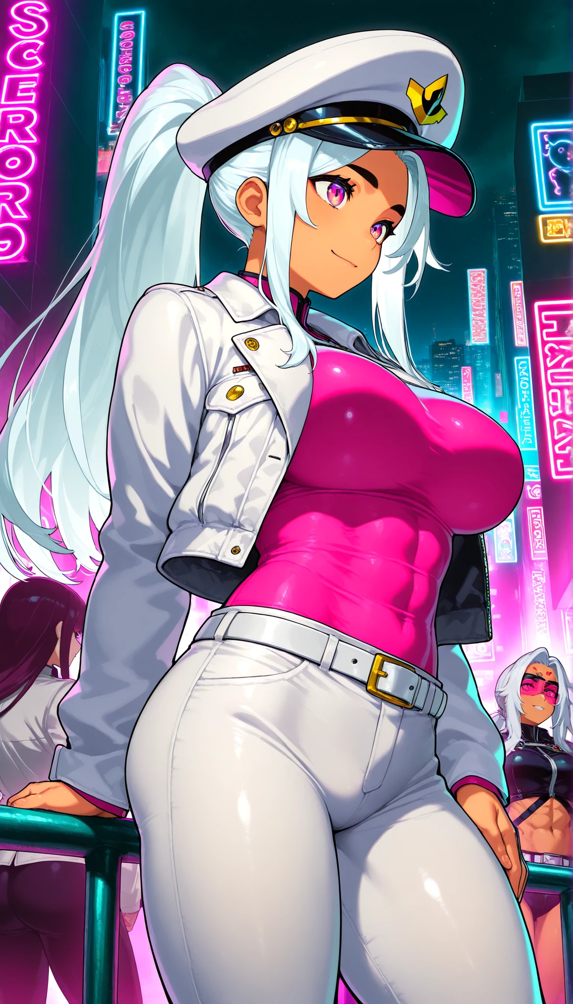 score_9, score_8, score_7, score_6, source _ anime, 1 Mature_, female, Angel Thrass, alone , Cheerful Mirafa, white hair, Long Ponytail Hair, pink eye, white hat, Tight Pink Shirt, White Jacket, white belt, white pants, Toned Thighs, The background is the city, night , neon light, cuerpo percto, manos perctos, cintura percta, ambient light .