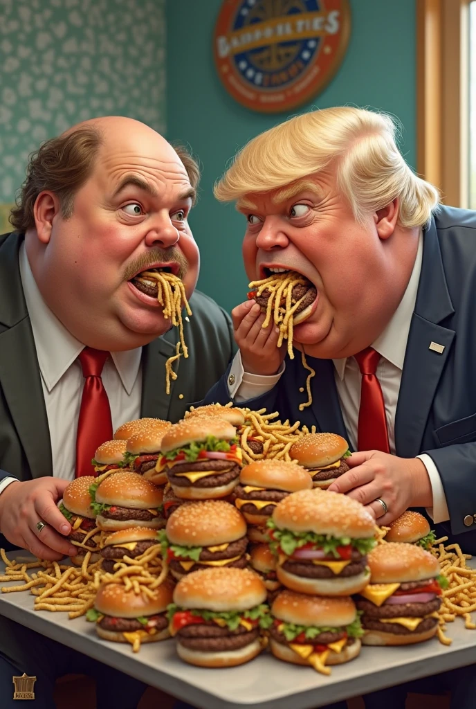 Concept: A reimagining of Da Vinci's "The Last Supper" with the apostles replaced by various fast food mascots, and the table filled with greasy, oversized burgers, fries, and soda. The central figure is an overweight man in casual clothing, looking dazed and overwhelmed.
